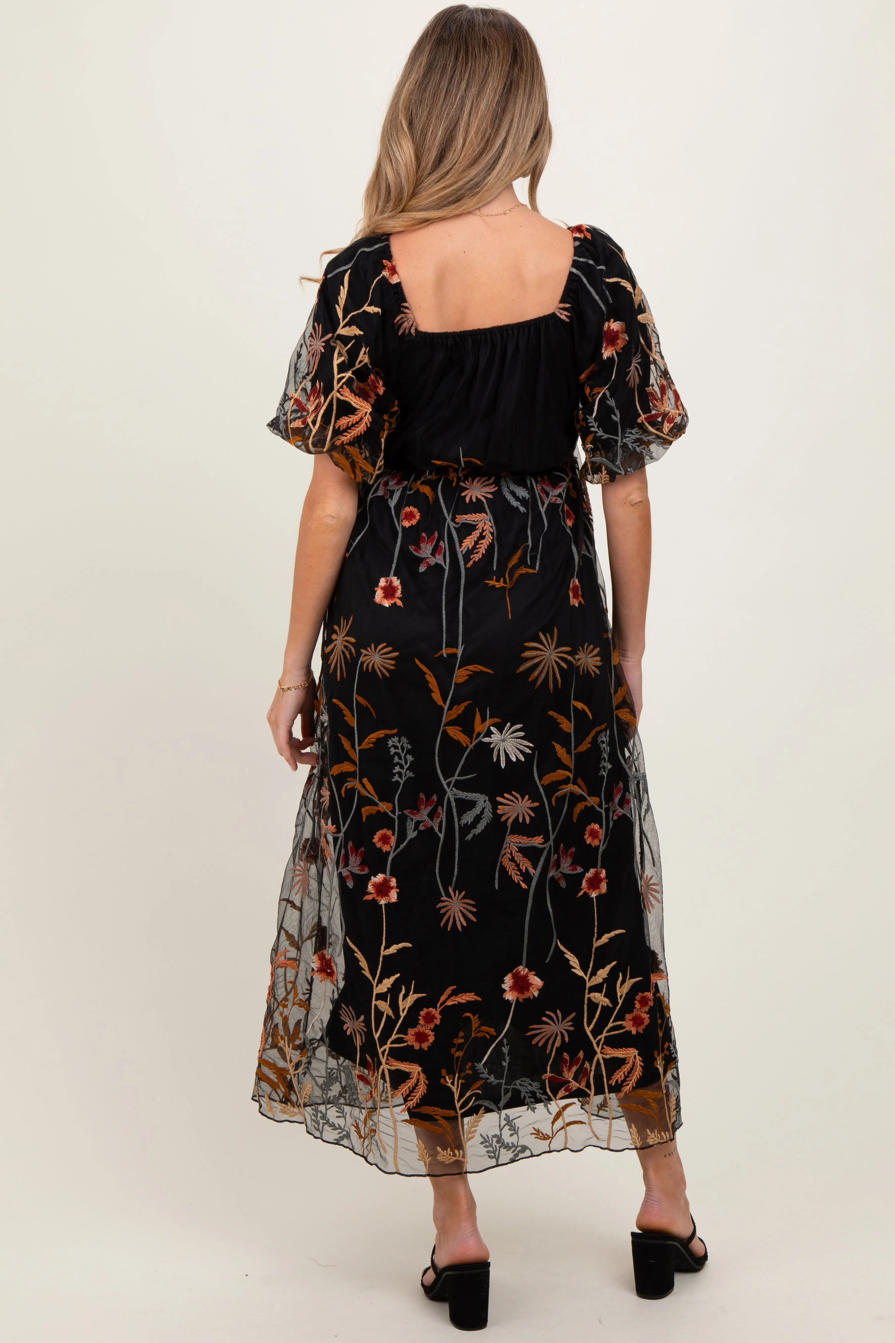 Black Embroidered Floral Mesh Overlay Maternity Midi Dress sold by Pinkblush product image thumbnail 3