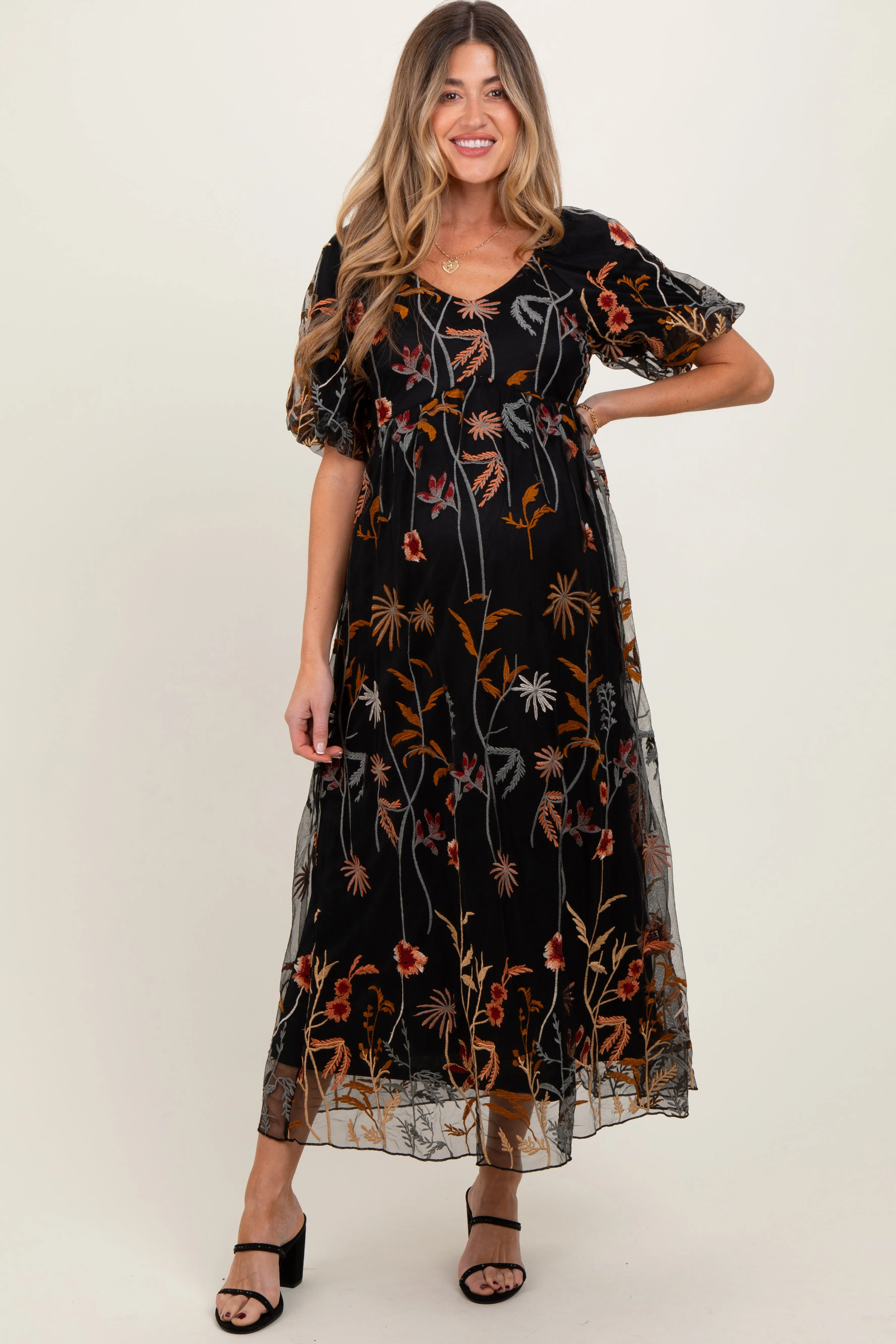 Black Embroidered Floral Mesh Overlay Maternity Midi Dress sold by Pinkblush