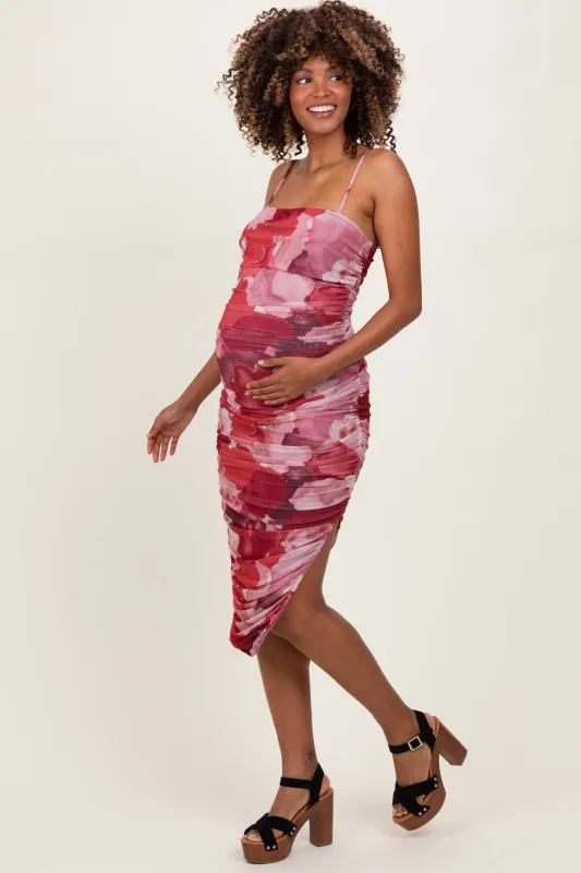 Pink Abstract Floral Ruched Side Slit Maternity Midi Dress sold by Pinkblush