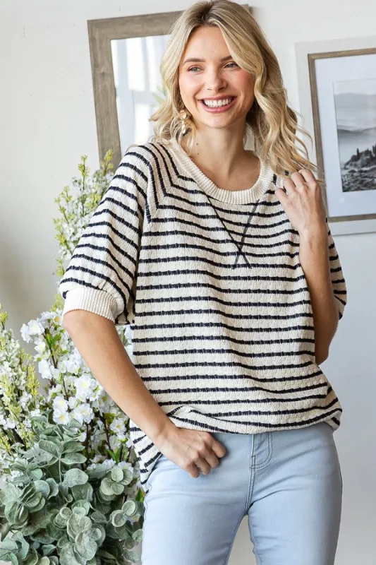 Navy Striped Textured Short Sleeve Top sold by Pinkblush