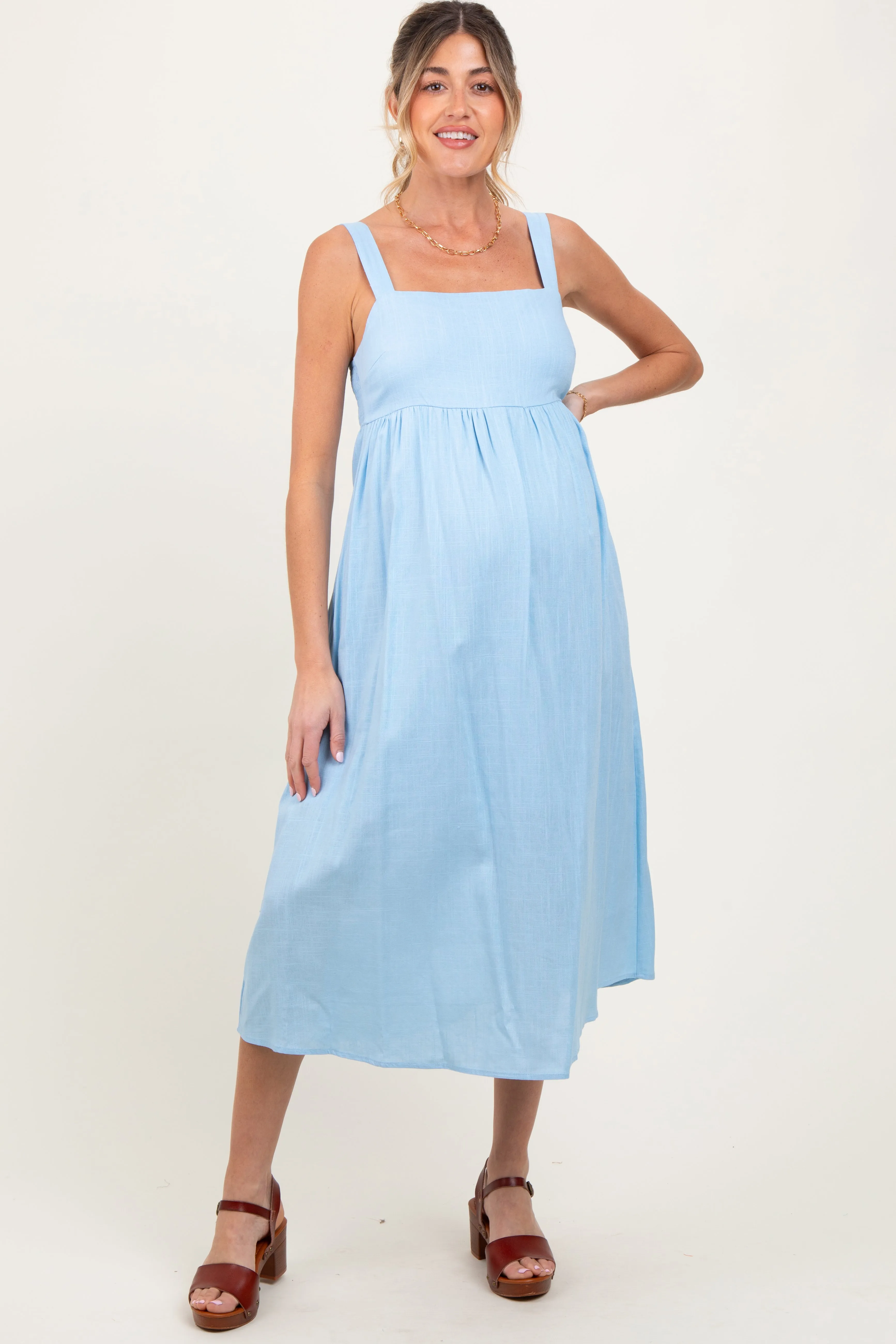 Blue Linen Blend Square Neck Maternity Midi Dress sold by Pinkblush