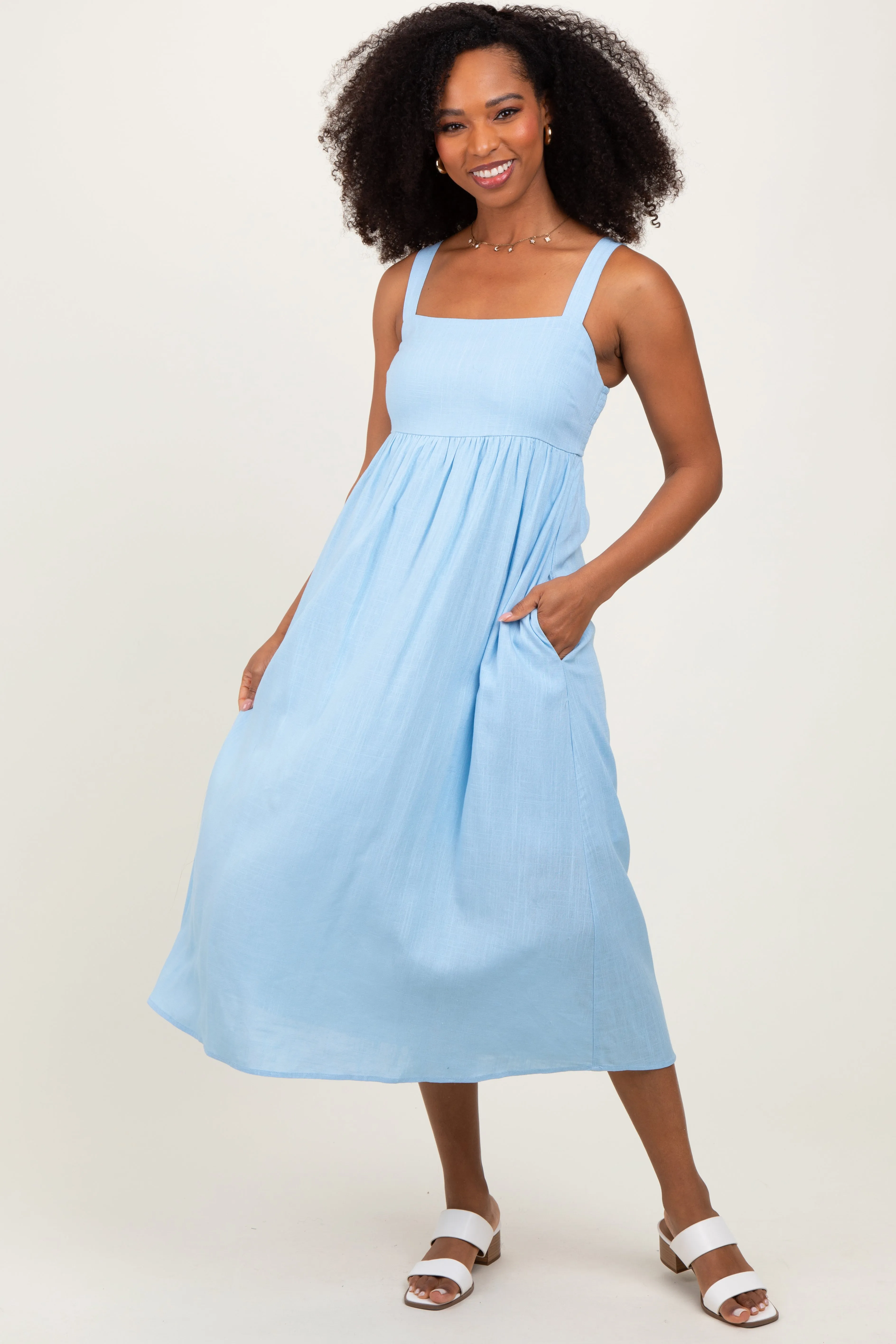 Blue Linen Blend Square Neck Maternity Midi Dress sold by Pinkblush product image thumbnail 5