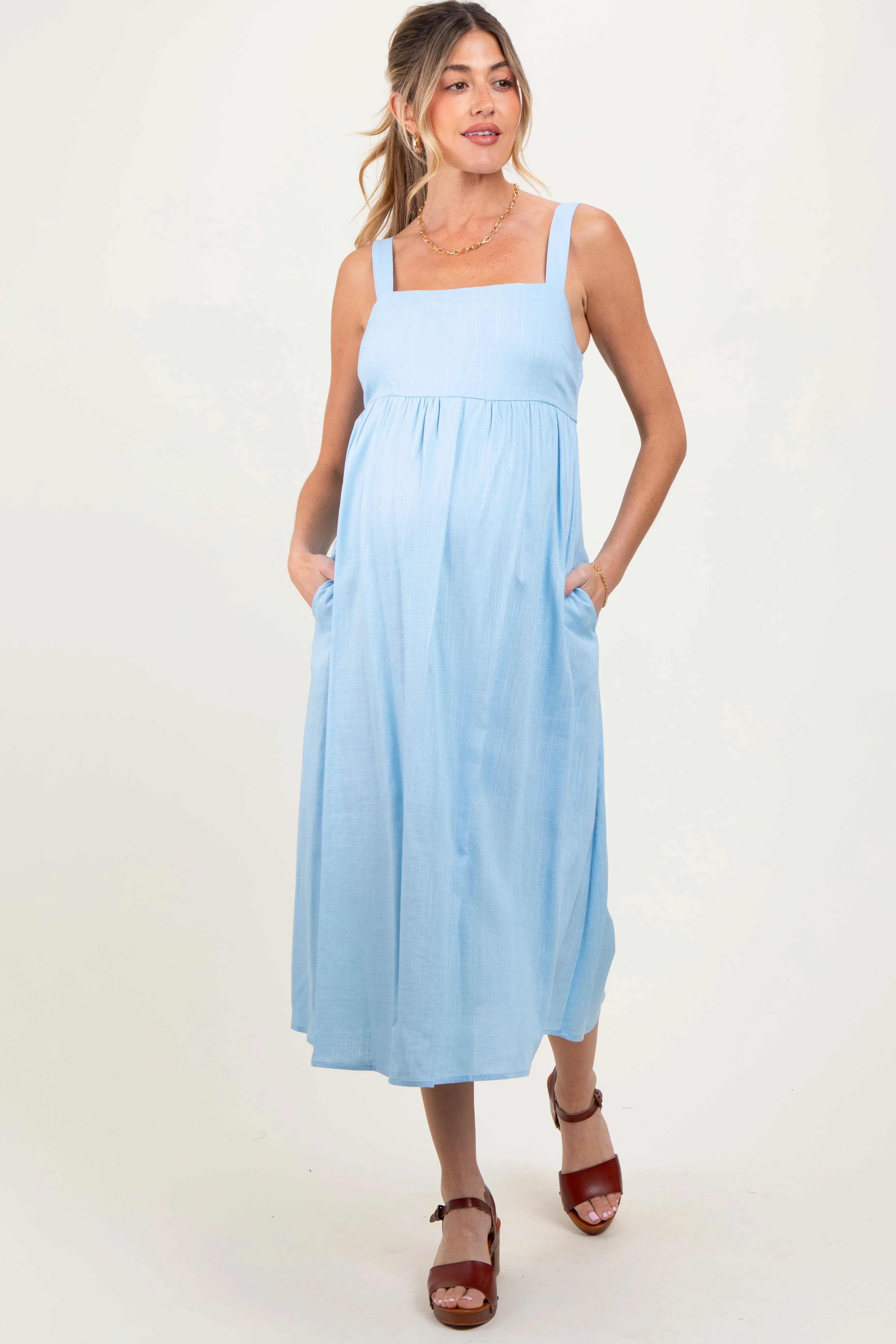 Blue Linen Blend Square Neck Maternity Midi Dress sold by Pinkblush product image thumbnail 2