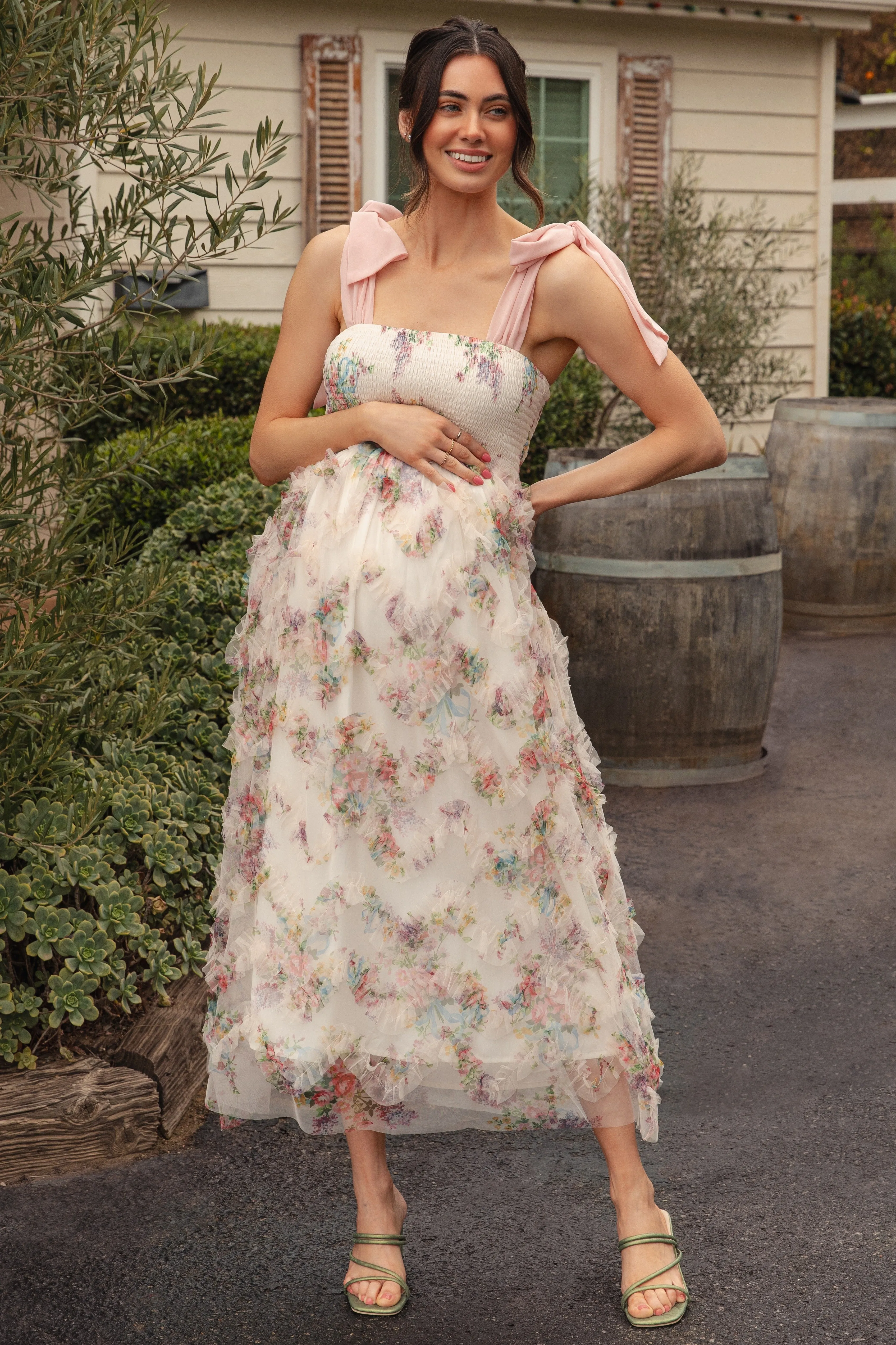 Cream Floral Smocked Shoulder Tie Ruffled Maternity Midi Dress sold by Pinkblush product image thumbnail 5