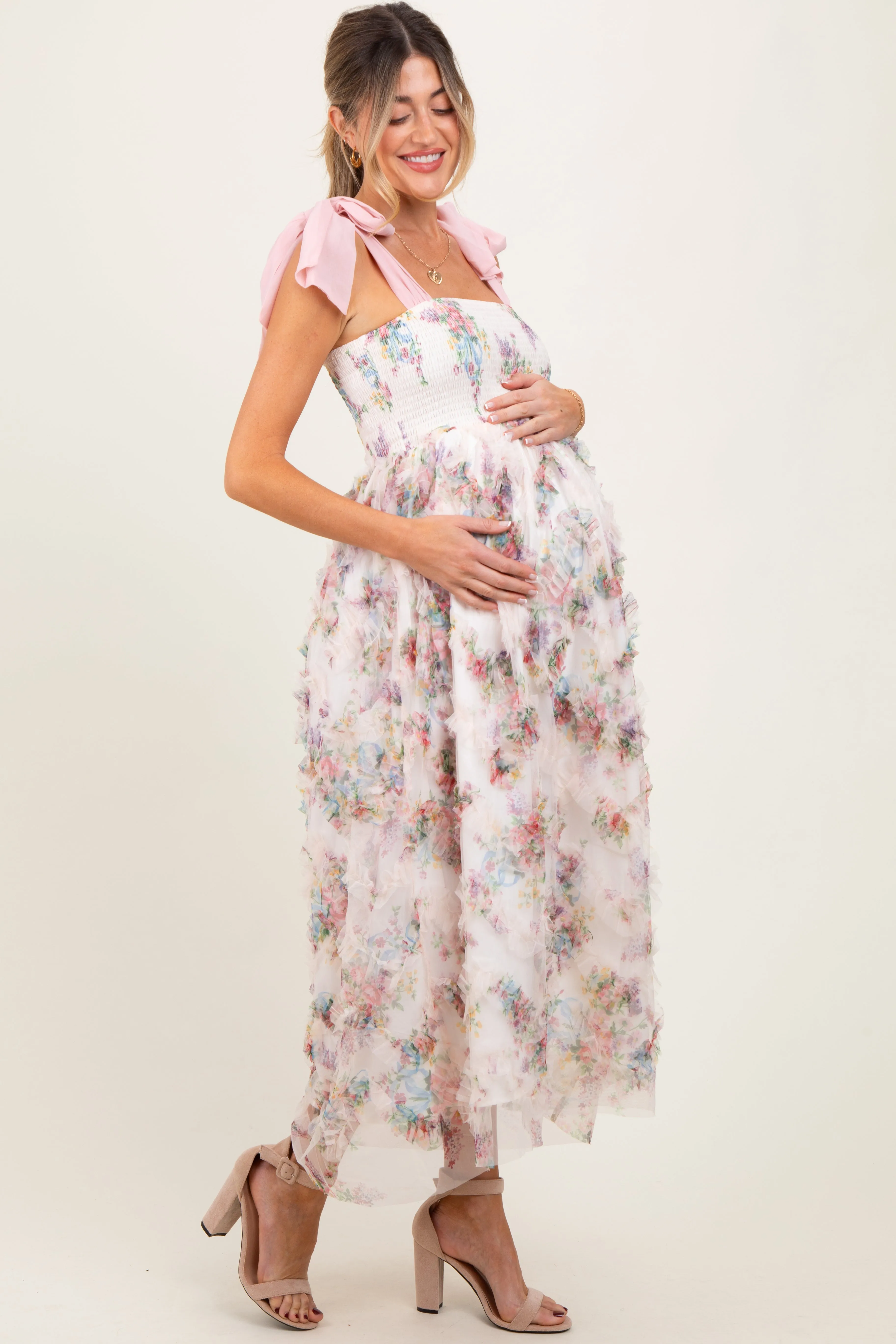 Cream Floral Smocked Shoulder Tie Ruffled Maternity Midi Dress sold by Pinkblush product image thumbnail 3
