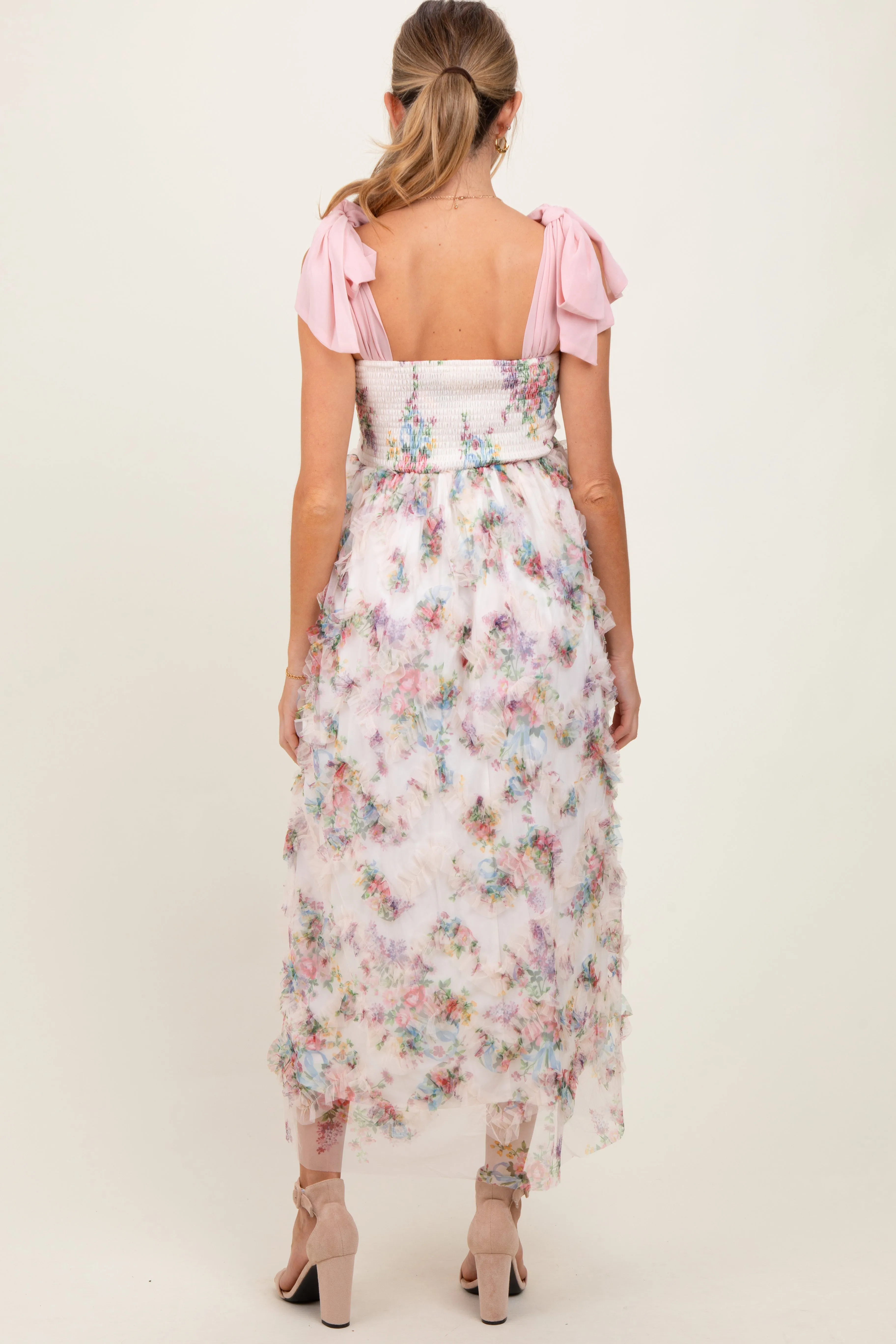 Cream Floral Smocked Shoulder Tie Ruffled Maternity Midi Dress sold by Pinkblush product image thumbnail 4