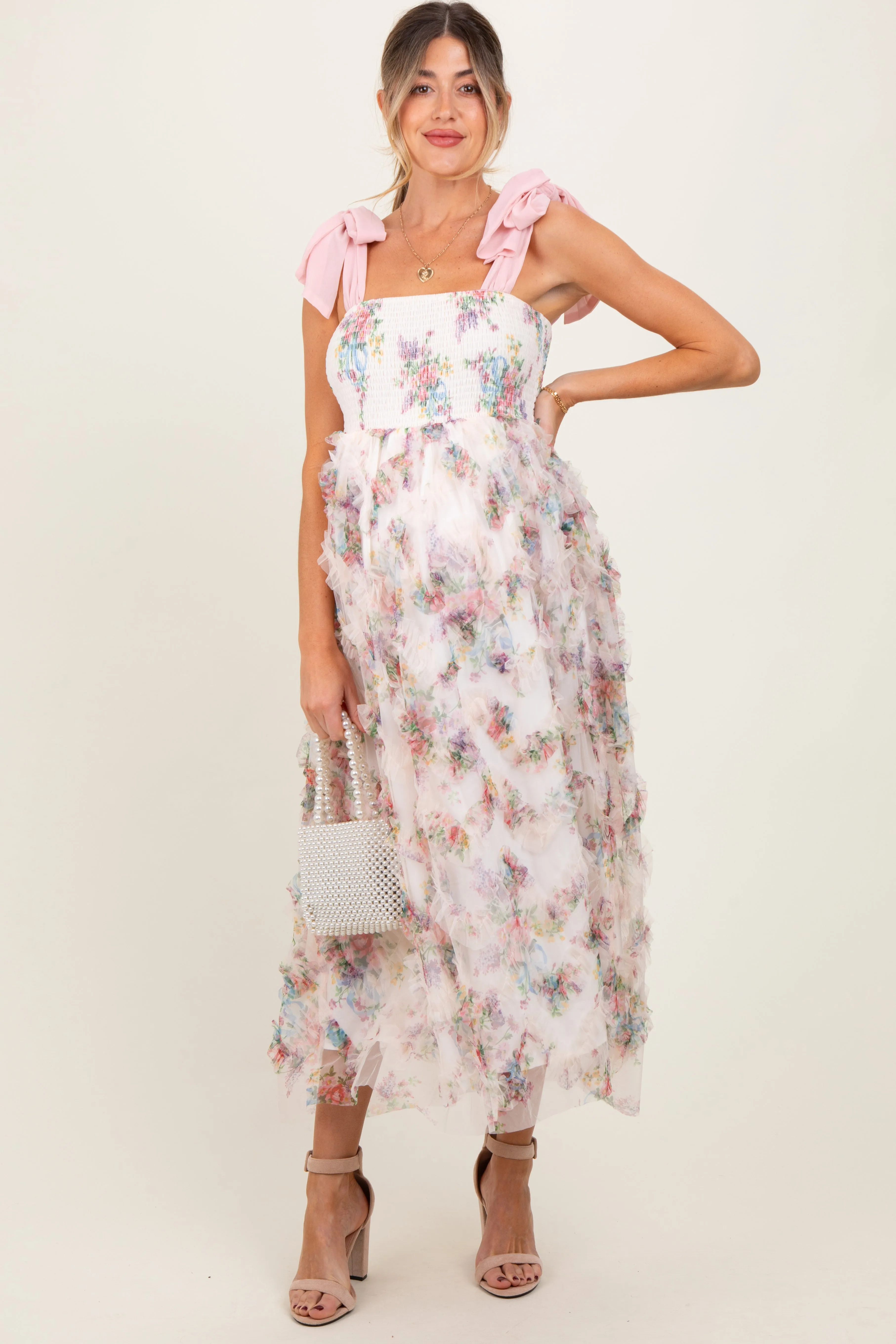 Cream Floral Smocked Shoulder Tie Ruffled Maternity Midi Dress sold by Pinkblush