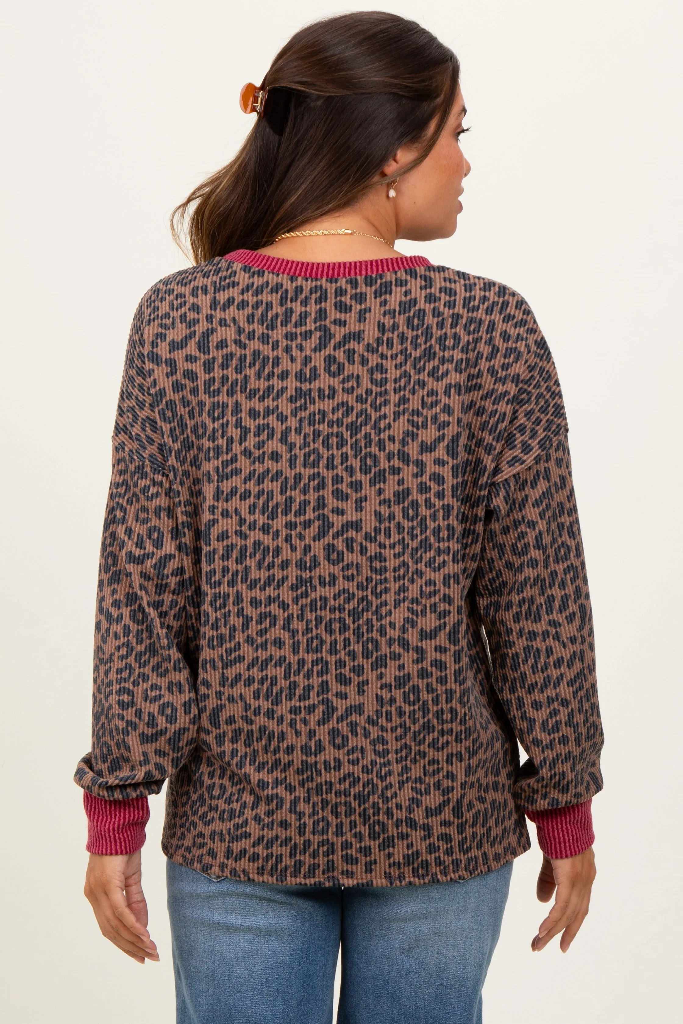 Brown Ribbed Animal Print Contrast Trim Maternity Pullover sold by Pinkblush product image thumbnail 4