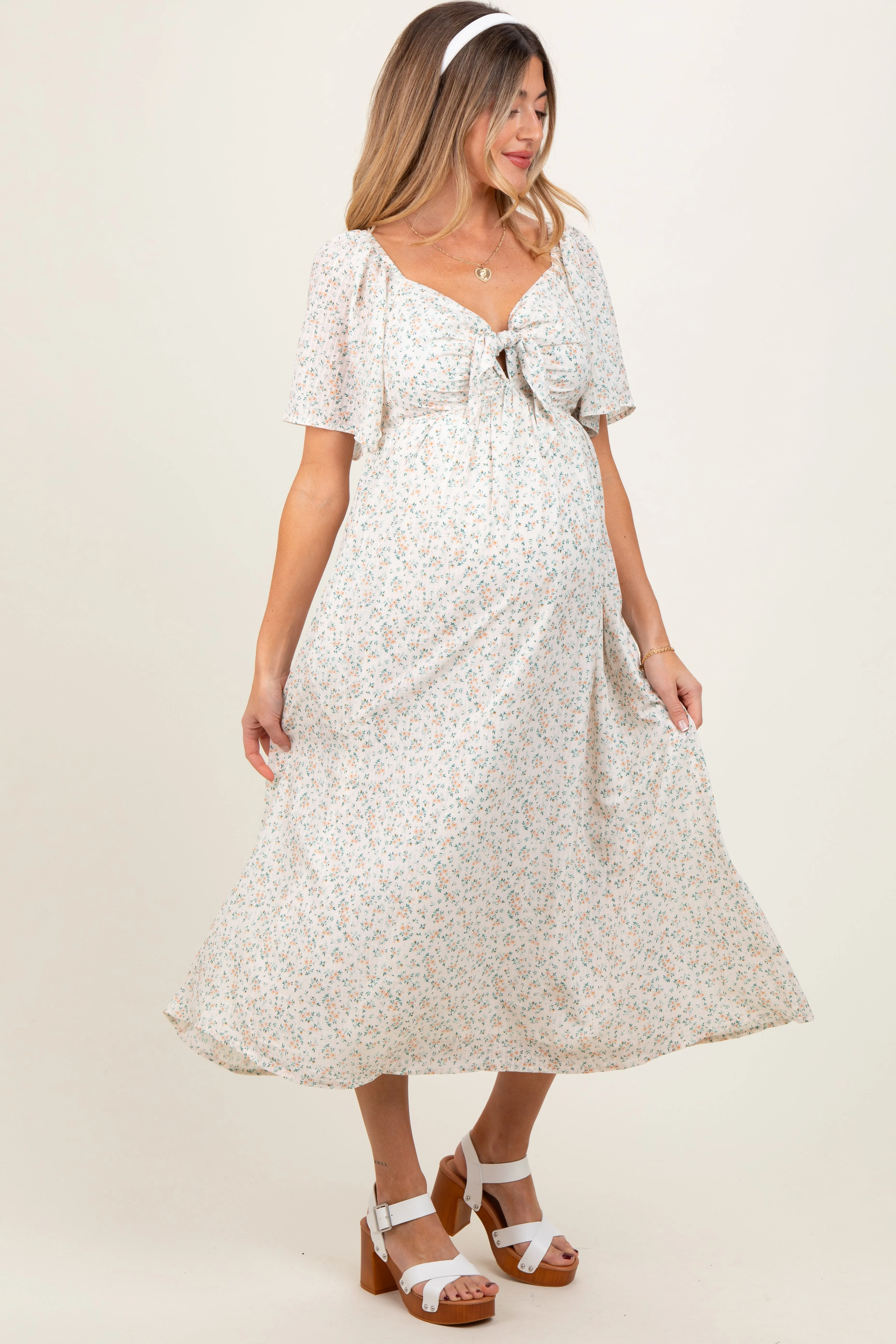 Peach Floral Front Tie Maternity Midi Dress sold by Pinkblush product image thumbnail 3