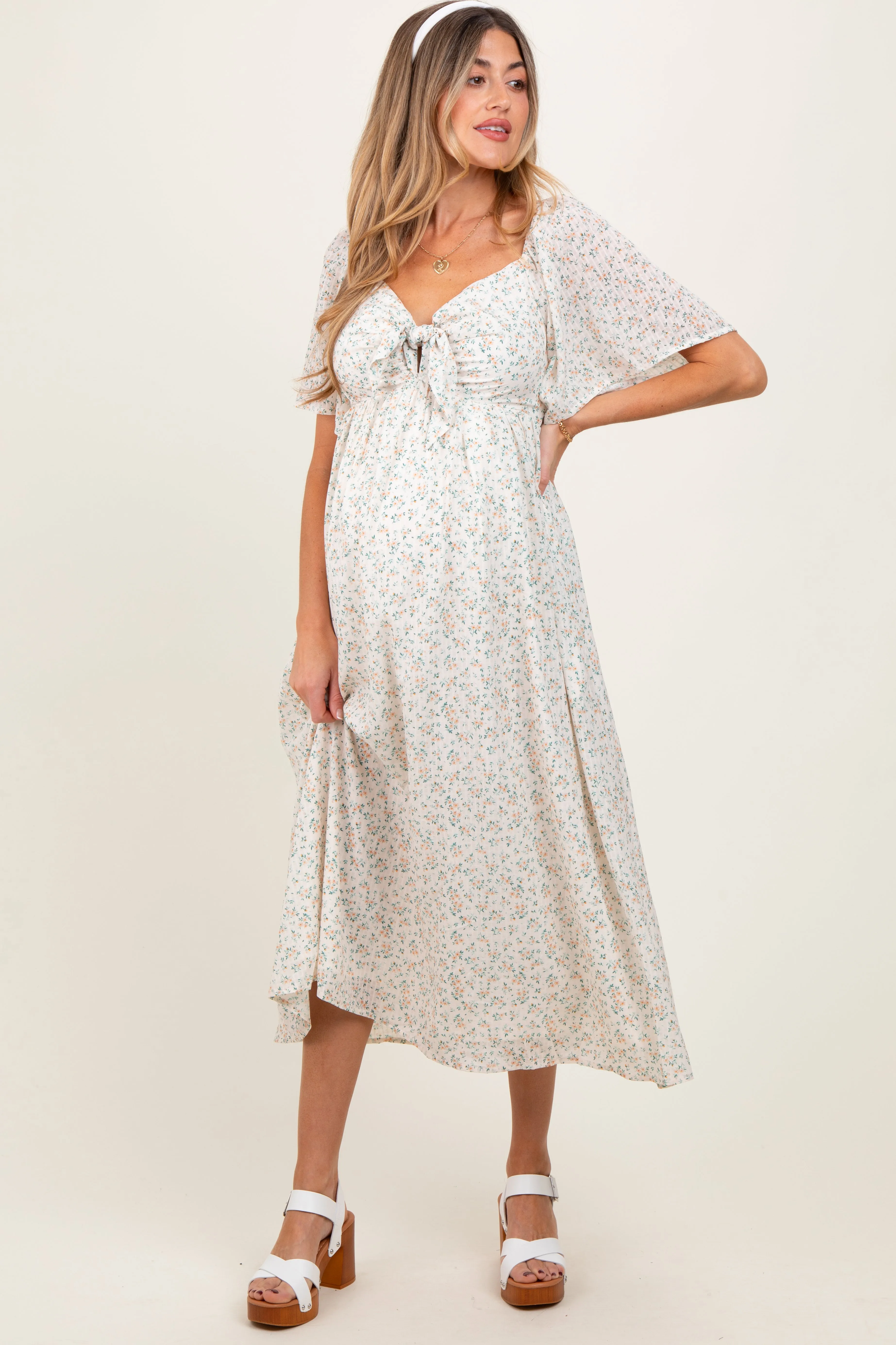 Peach Floral Front Tie Maternity Midi Dress sold by Pinkblush