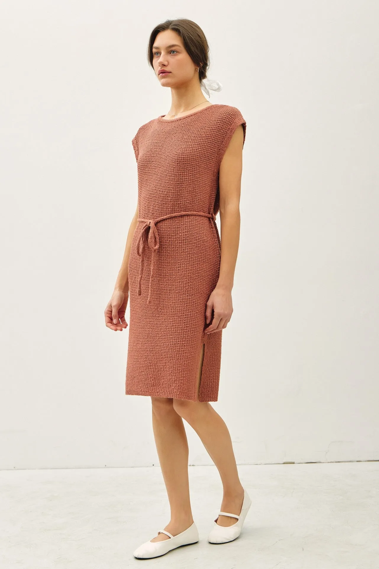 Light Rust Waffle Knit Sash Tie Short Sleeve Dress sold by Pinkblush product image thumbnail 3