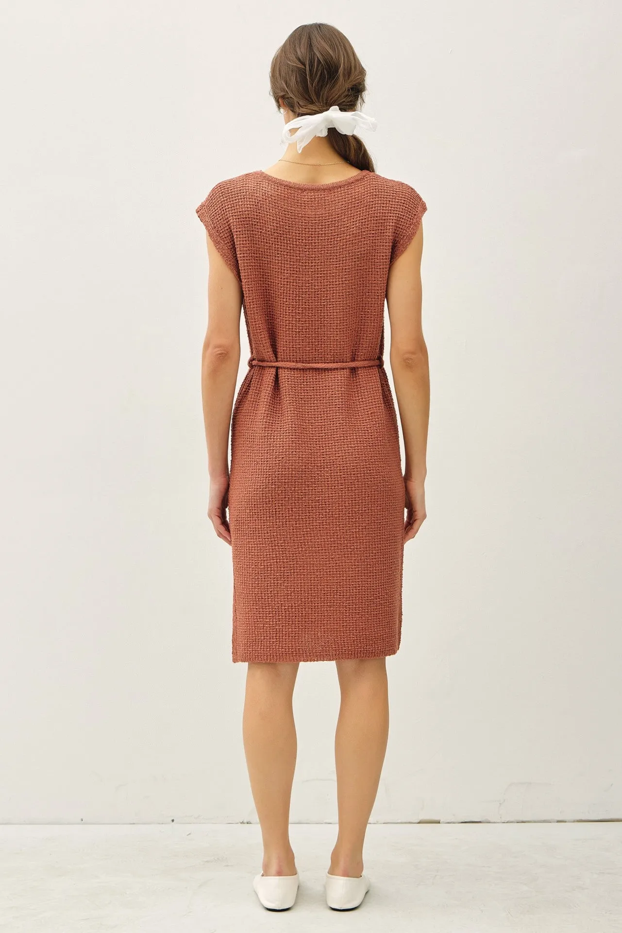 Light Rust Waffle Knit Sash Tie Short Sleeve Dress sold by Pinkblush product image thumbnail 4