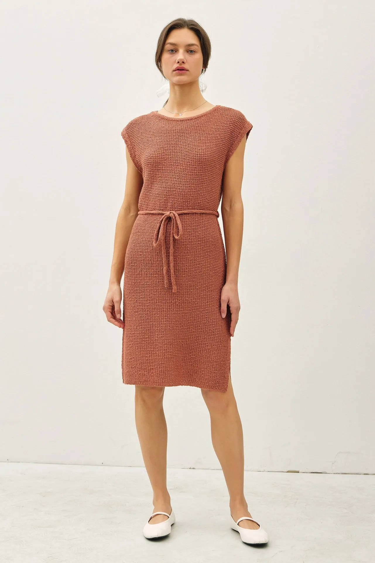 Light Rust Waffle Knit Sash Tie Short Sleeve Dress sold by Pinkblush product image thumbnail 2