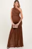 Mocha Ruched Mesh One Shoulder Maternity Maxi Dress sold by Pinkblush