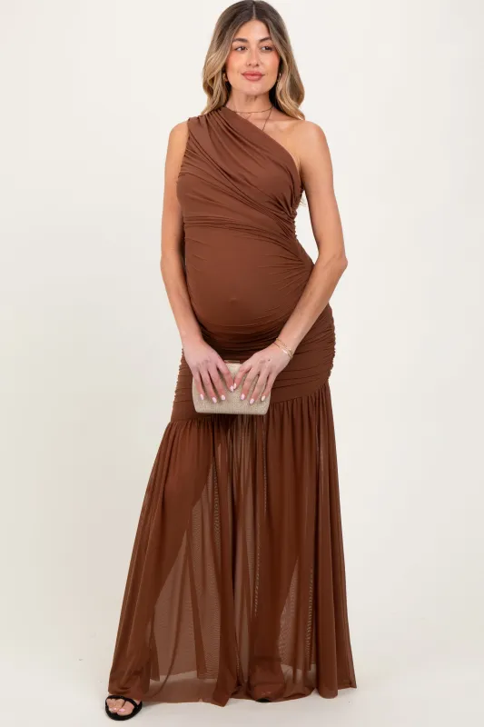 Mocha Ruched Mesh One Shoulder Maternity Maxi Dress sold by Pinkblush