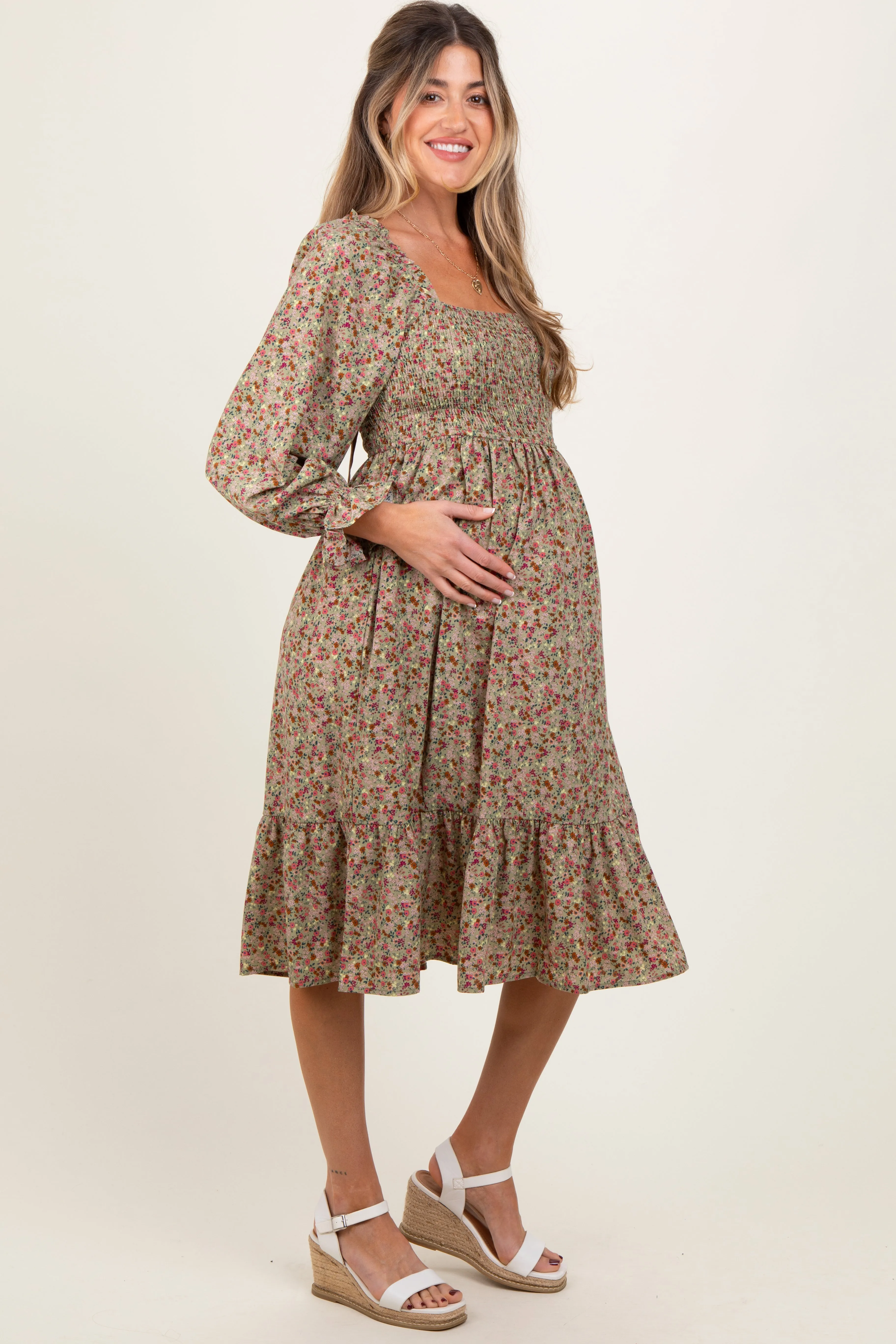 Olive Floral Smocked Velvet Back Tie Maternity Midi Dress sold by Pinkblush product image thumbnail 3