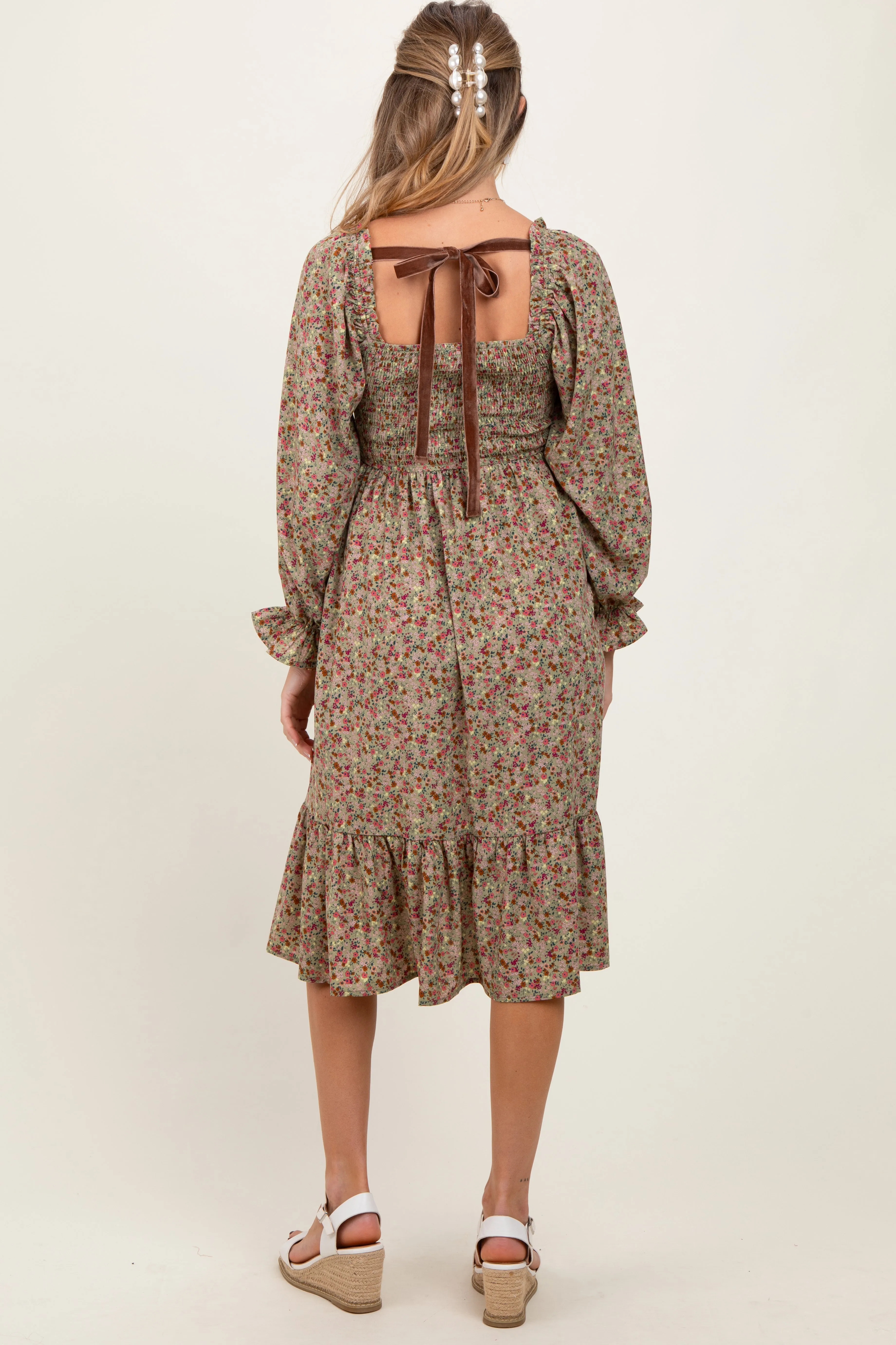 Olive Floral Smocked Velvet Back Tie Maternity Midi Dress sold by Pinkblush product image thumbnail 4