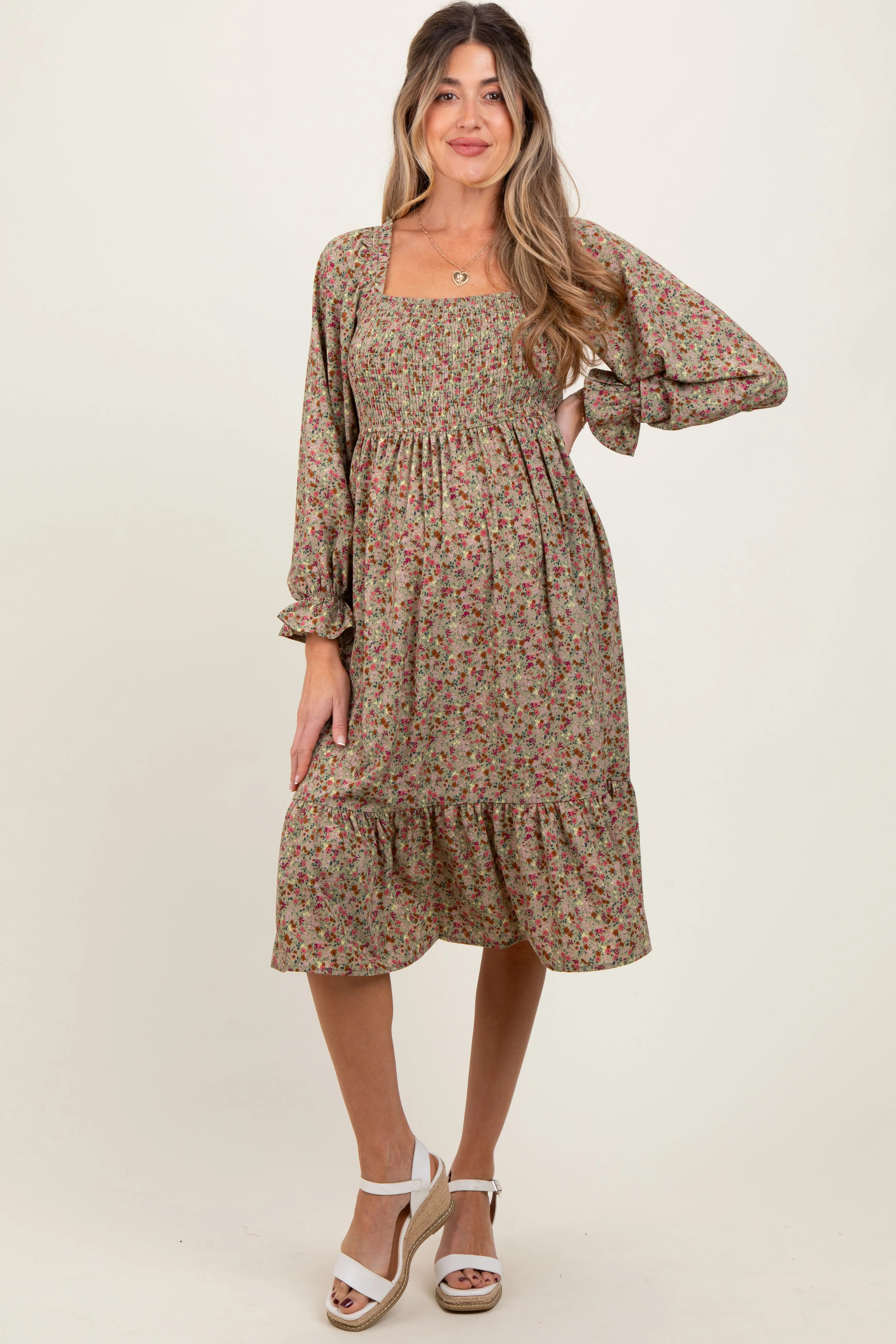 Olive Floral Smocked Velvet Back Tie Maternity Midi Dress sold by Pinkblush product image thumbnail 2