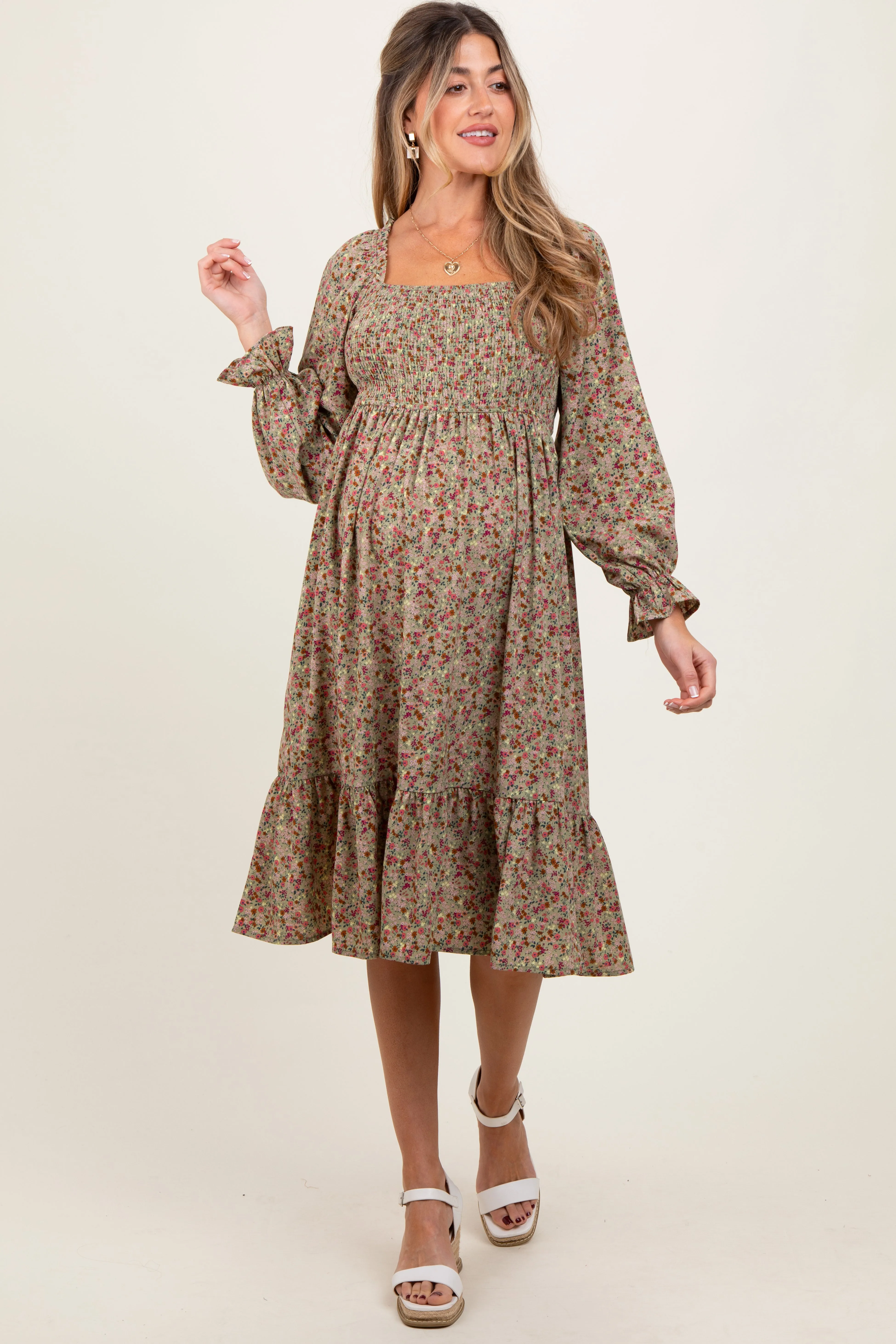Olive Floral Smocked Velvet Back Tie Maternity Midi Dress sold by Pinkblush