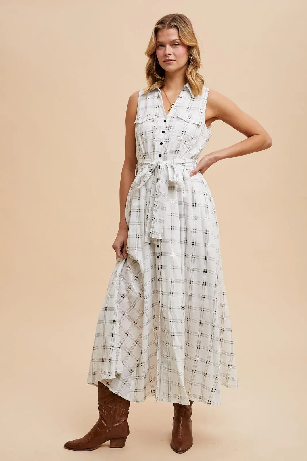 White Plaid Sleeveless Sash Tie Shirt Dress sold by Pinkblush product image thumbnail 3