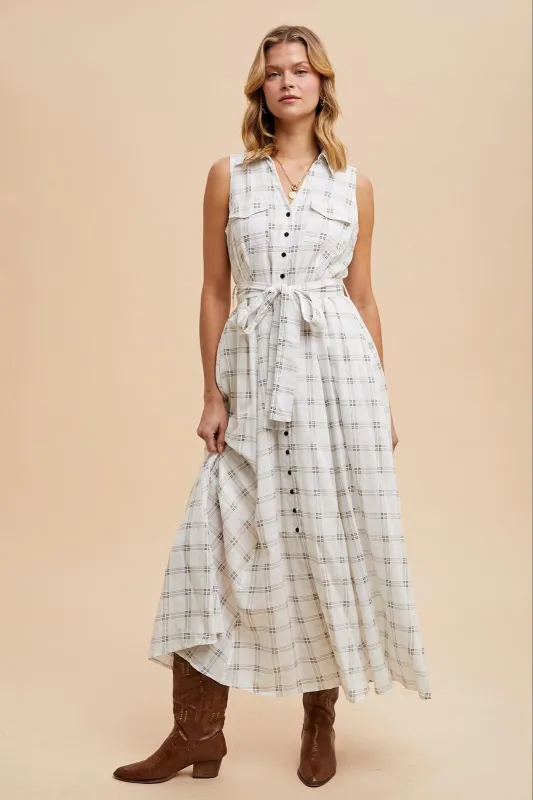 White Plaid Sleeveless Sash Tie Shirt Dress sold by Pinkblush