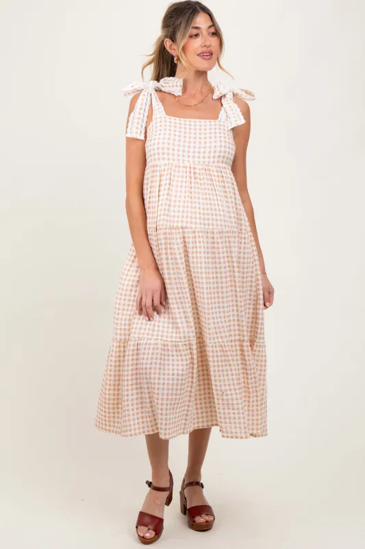 Camel Gingham Lace Trim Shoulder Tie Maternity Maxi Dress sold by Pinkblush