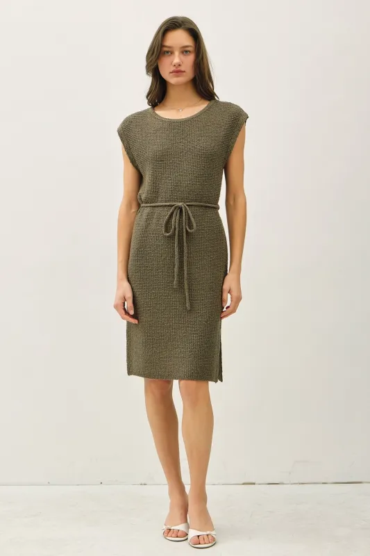 Olive Waffle Knit Sash Tie Short Sleeve Dress sold by Pinkblush