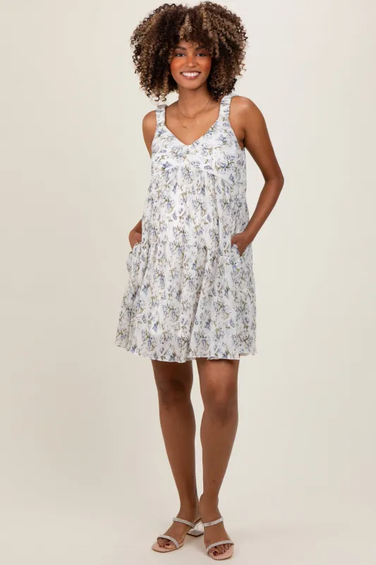 Blue Floral Plisse Texture Maternity Mini Dress sold by Pinkblush