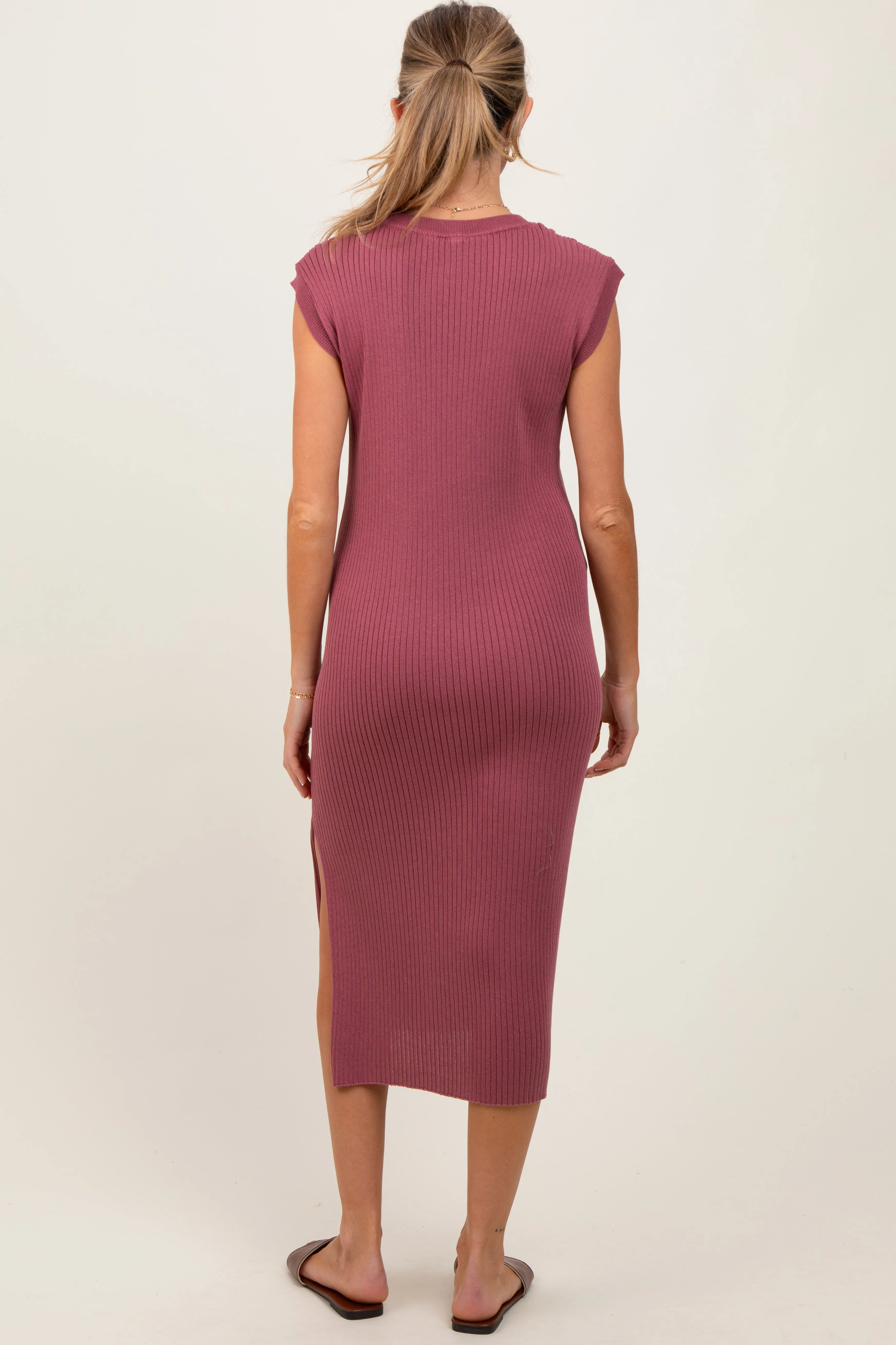 Mauve Ribbed Knit Button Up Sleeveless Maternity Midi Dress sold by Pinkblush product image thumbnail 4