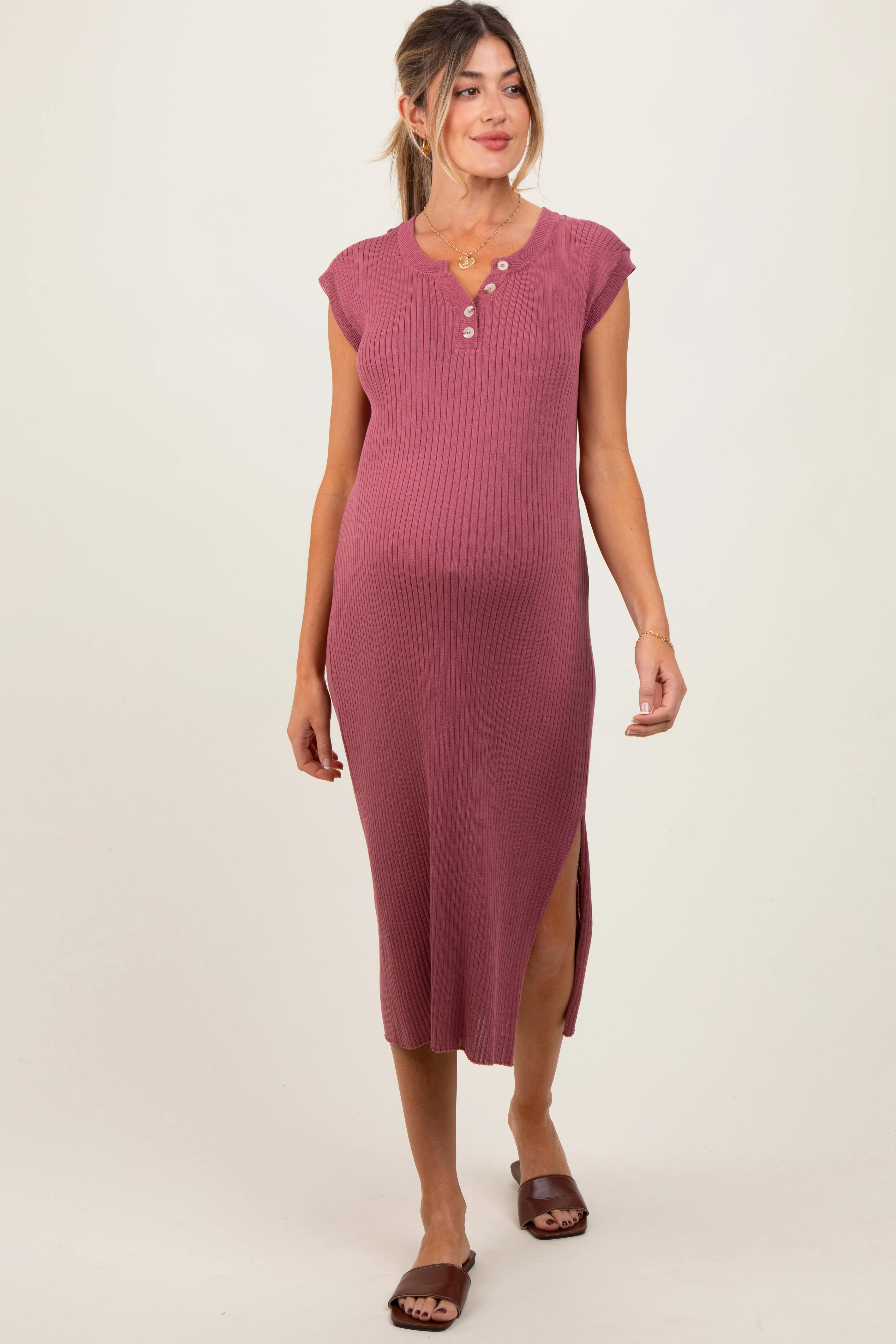 Mauve Ribbed Knit Button Up Sleeveless Maternity Midi Dress sold by Pinkblush product image thumbnail 2