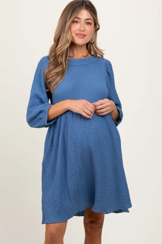 Blue Knit Ruffle Trim Maternity Dress sold by Pinkblush