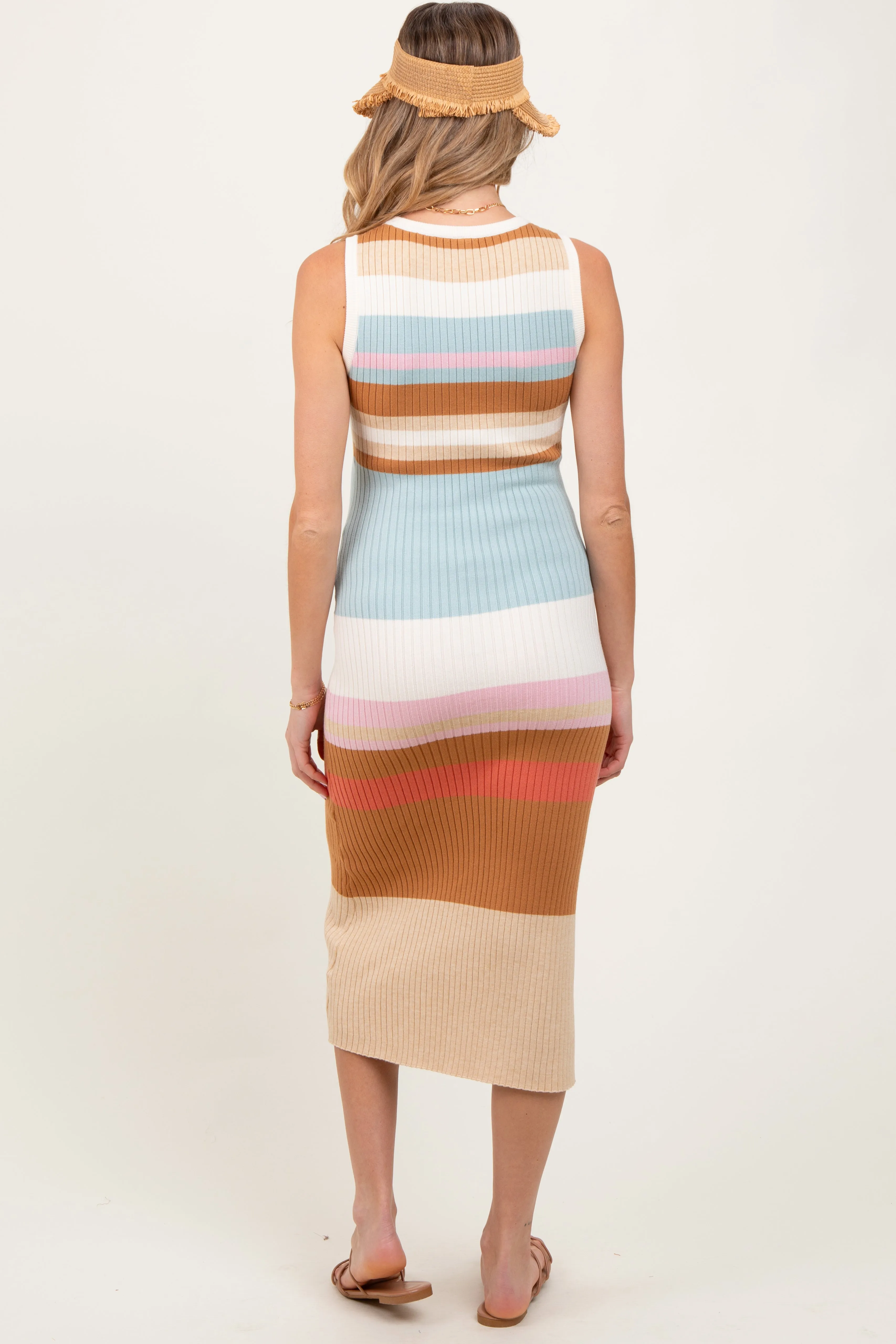 Light Olive Colorblock Striped Knit Sleeveless Maternity Midi Dress sold by Pinkblush product image thumbnail 3