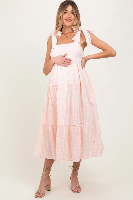 Light Pink Gingham Lace Trim Shoulder Tie Maternity Maxi Dress sold by Pinkblush