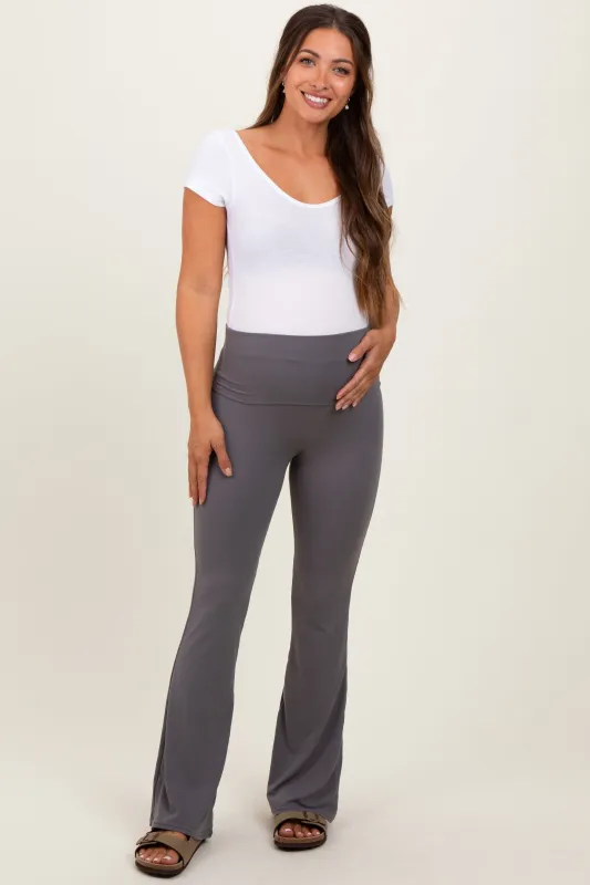 Grey Fold Over Waistband Maternity Flared Pants sold by Pinkblush