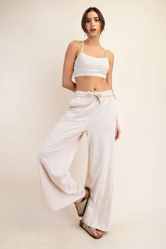 Cream Drawstring Wide Leg Lounge Pant sold by Pinkblush