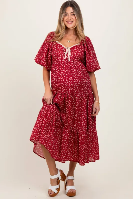 Red Floral Puff Sleeve Tiered Maternity Maxi Dress sold by Pinkblush