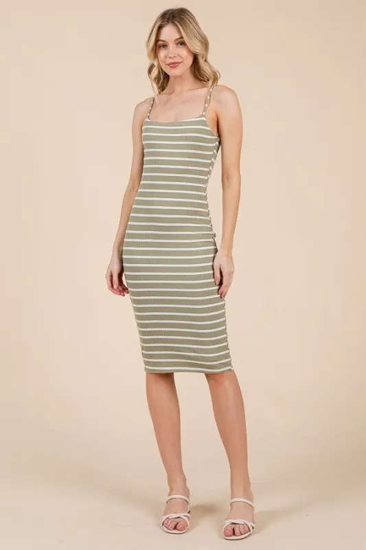 Light Olive Striped Sleeveless Double Layered Midi Dress sold by Pinkblush