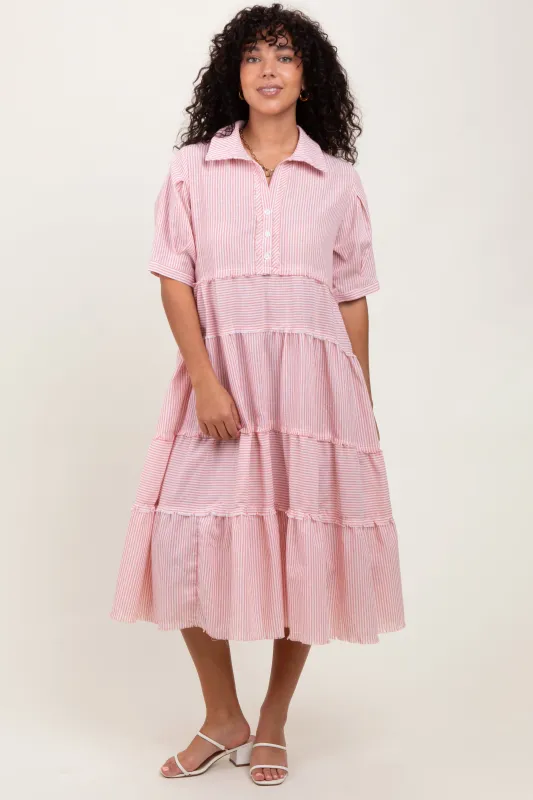 Pink Striped Tiered Raw Hem Midi Dress sold by Pinkblush