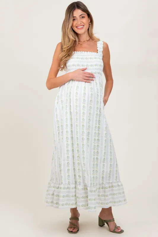 Blue Floral Smocked Sleeveless Maternity Maxi Dress sold by Pinkblush
