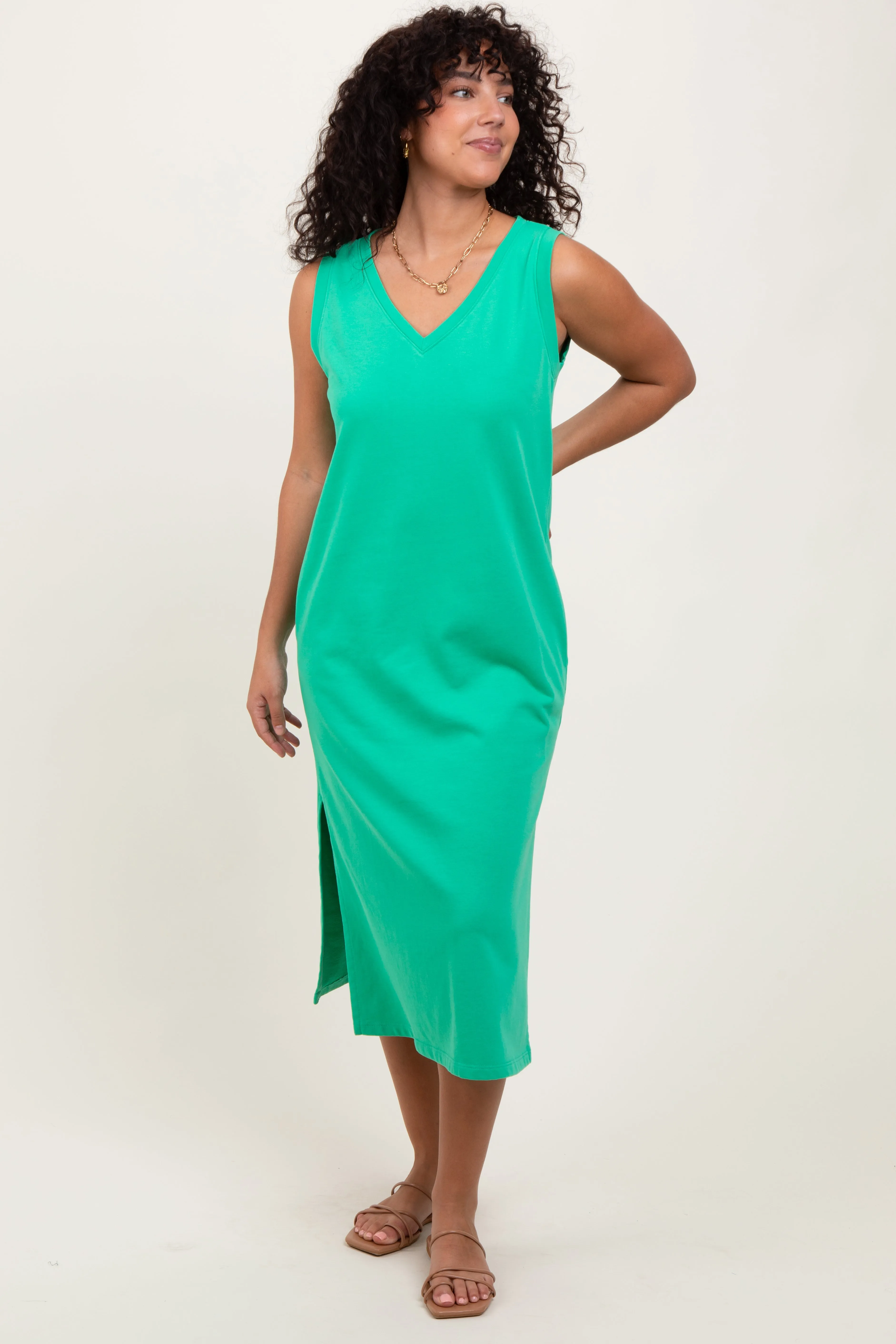 Green V-Neck Sleeveless Side Slit Midi Dress sold by Pinkblush