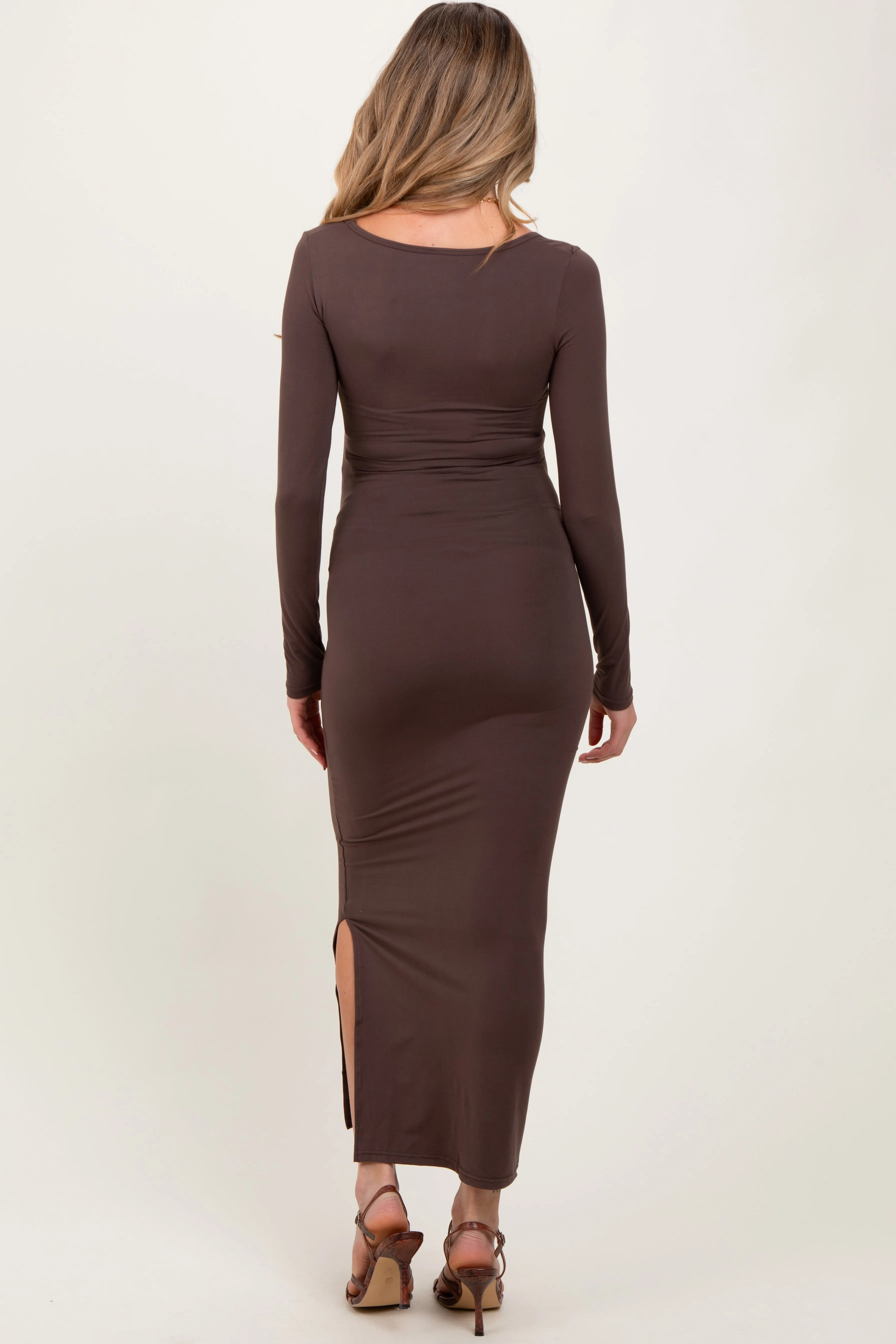 Mocha Long Sleeve Side Slit Maternity Maxi Dress sold by Pinkblush product image thumbnail 3