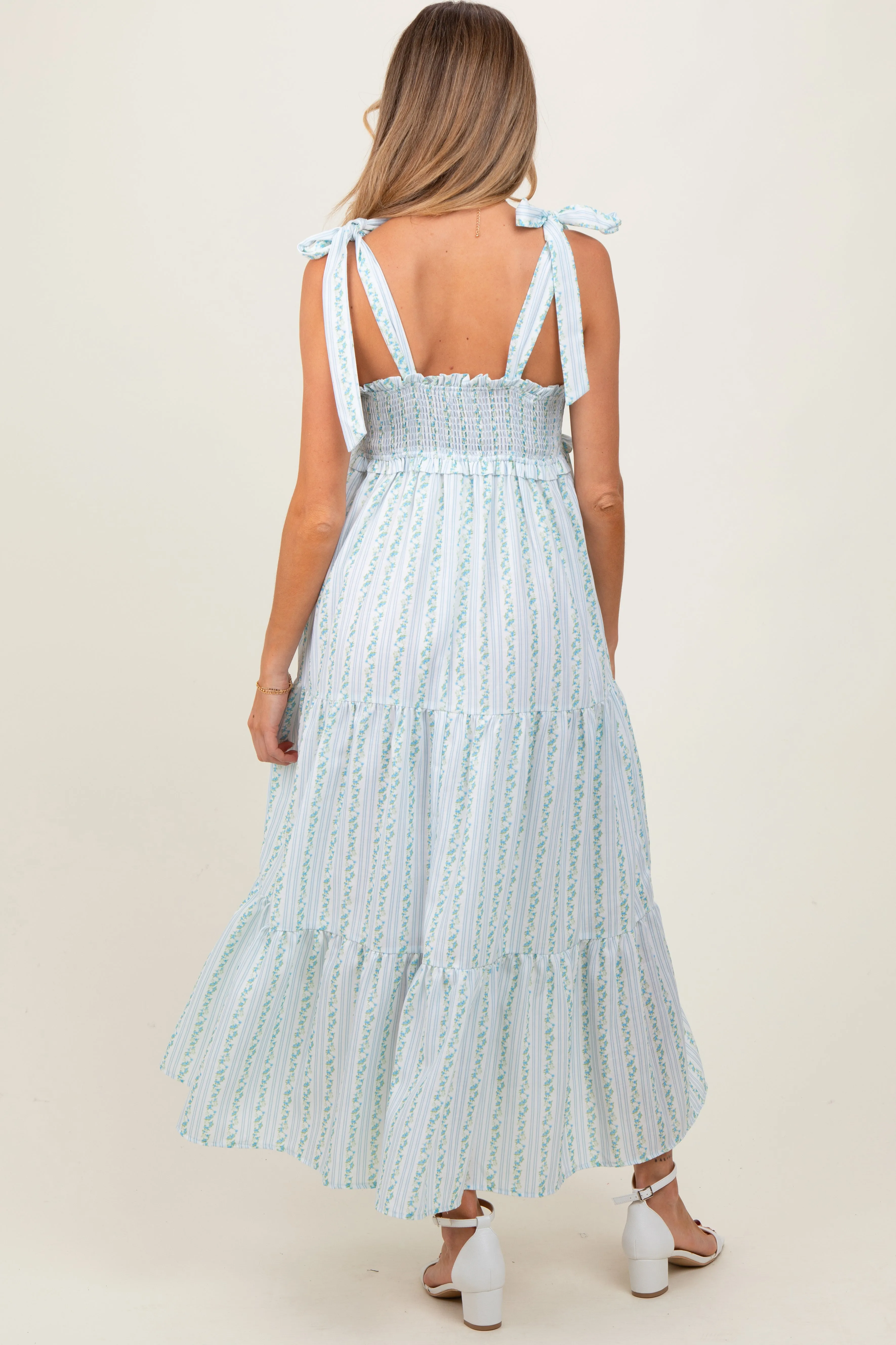 Blue Floral Striped Smocked Shoulder Tie Maternity Maxi Dress sold by Pinkblush product image thumbnail 4