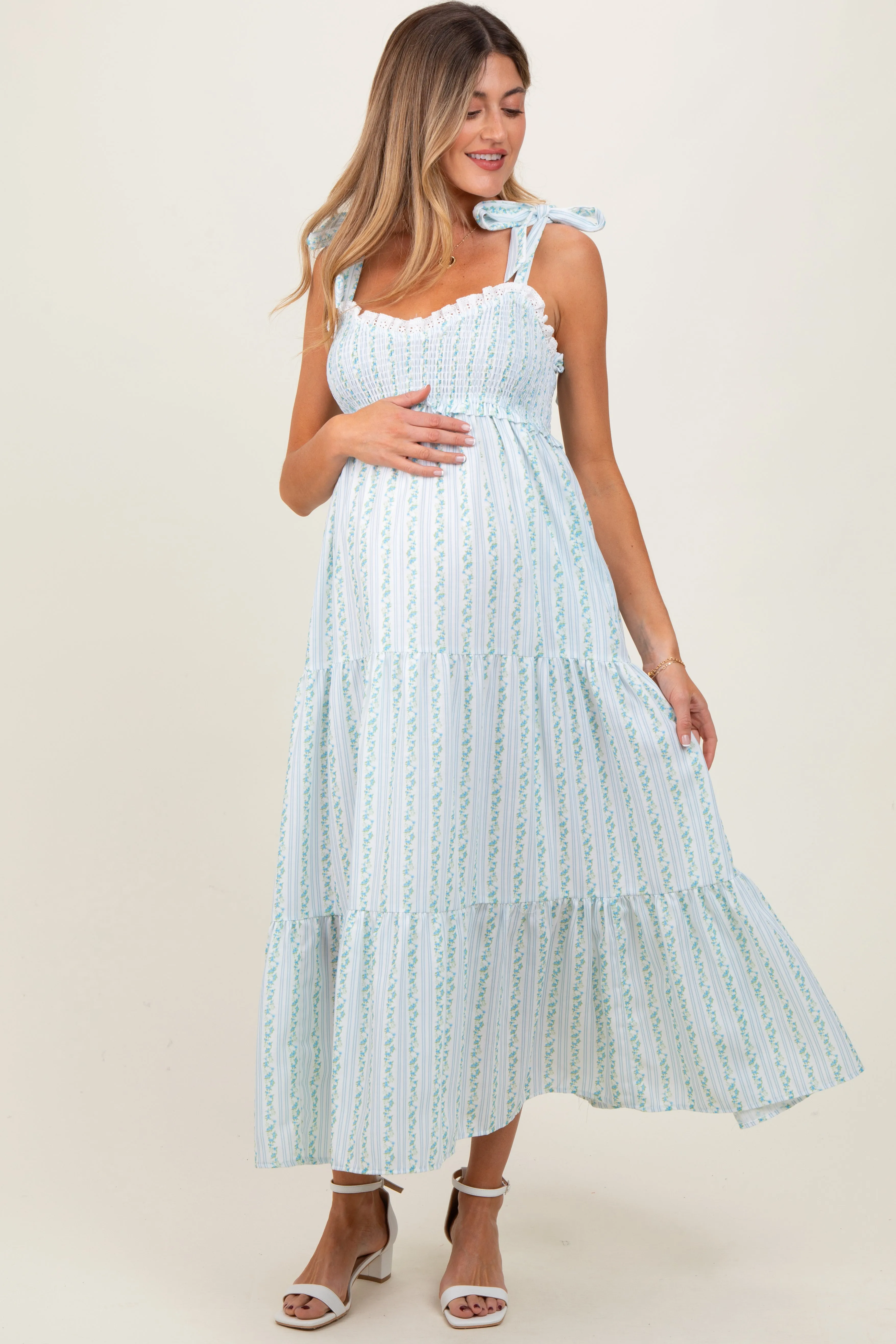 Blue Floral Striped Smocked Shoulder Tie Maternity Maxi Dress sold by Pinkblush