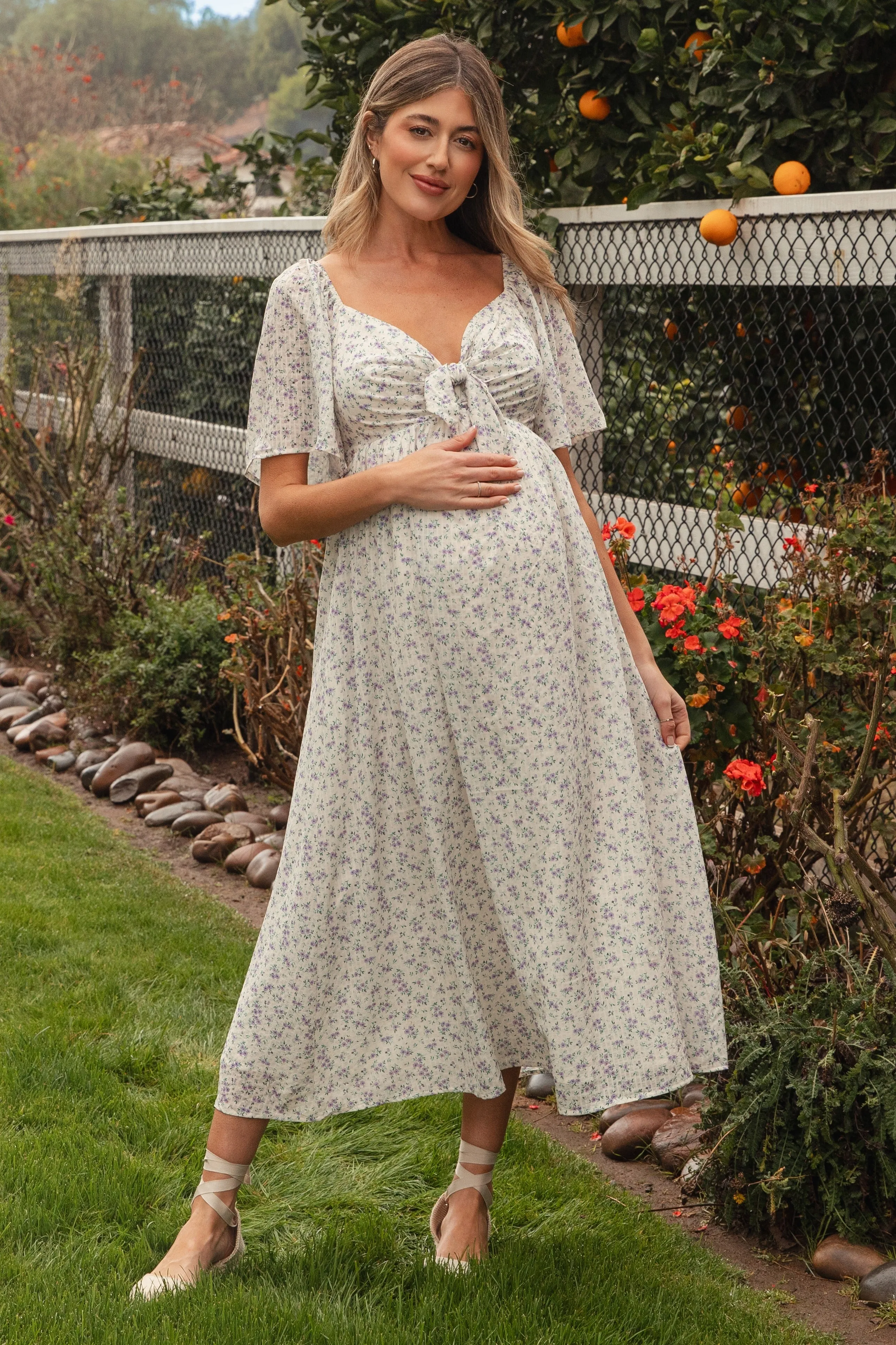 Lavender Floral Front Tie Maternity Midi Dress sold by Pinkblush product image thumbnail 5