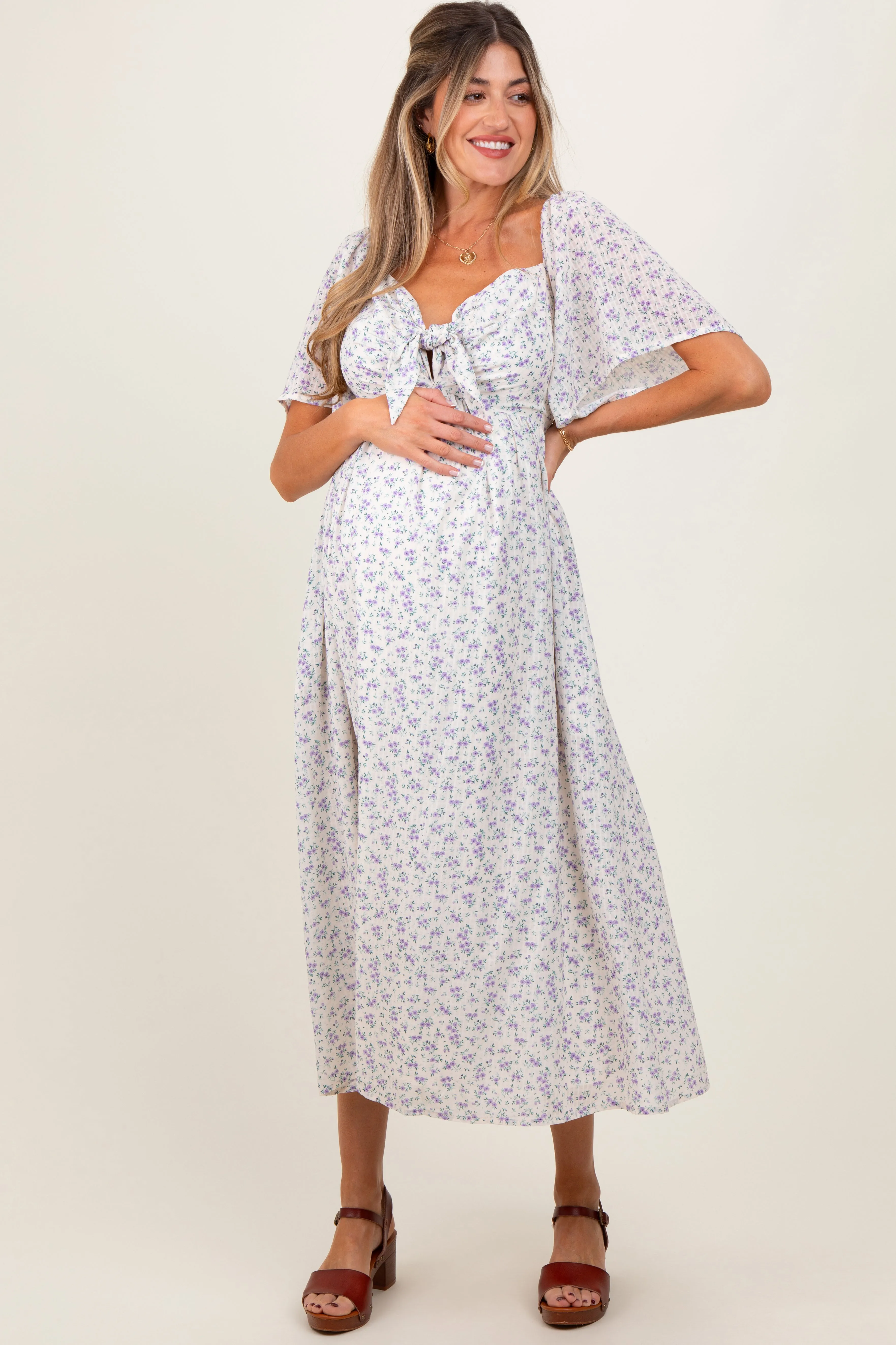 Lavender Floral Front Tie Maternity Midi Dress sold by Pinkblush product image thumbnail 2
