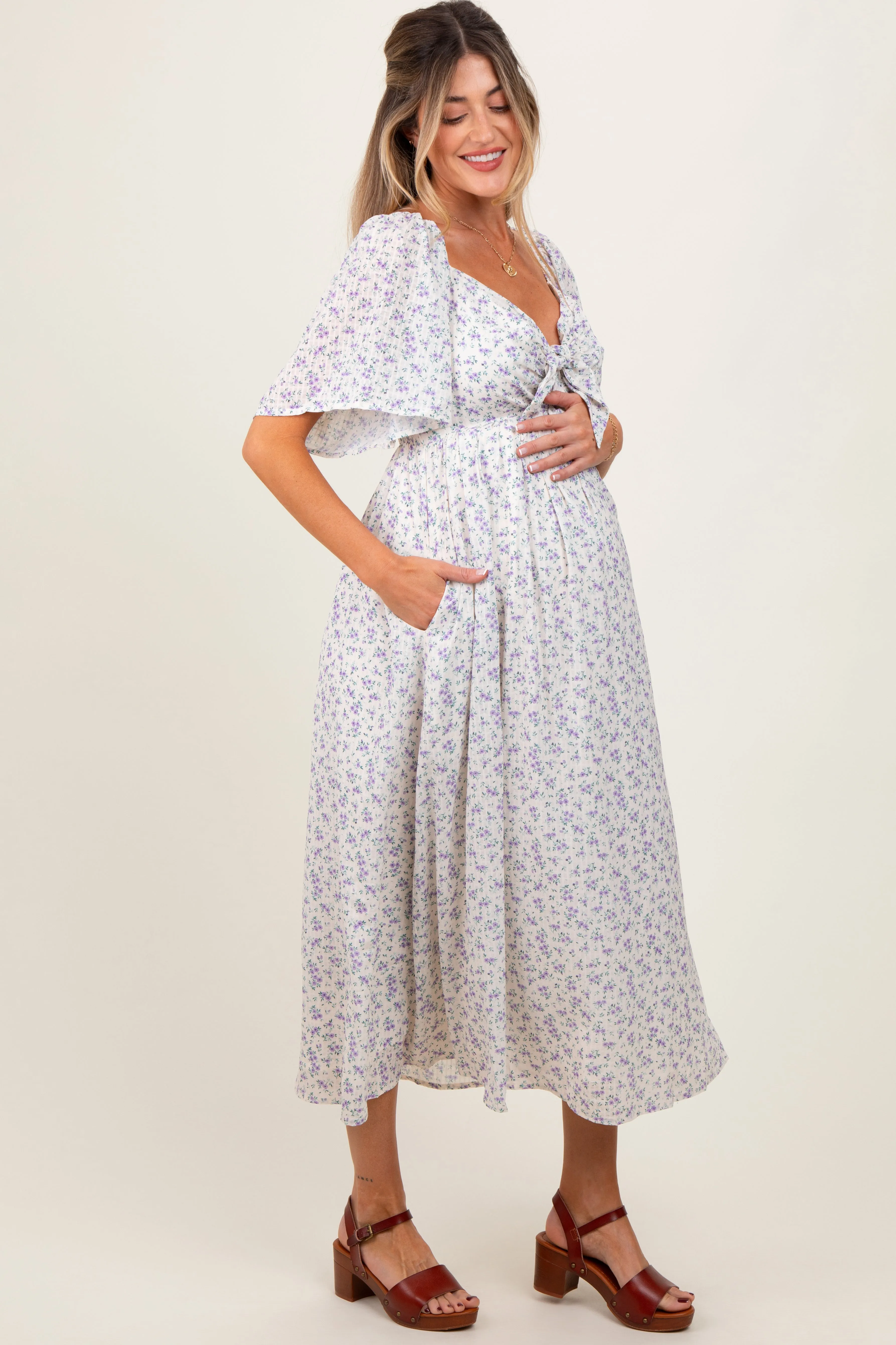 Lavender Floral Front Tie Maternity Midi Dress sold by Pinkblush product image thumbnail 3
