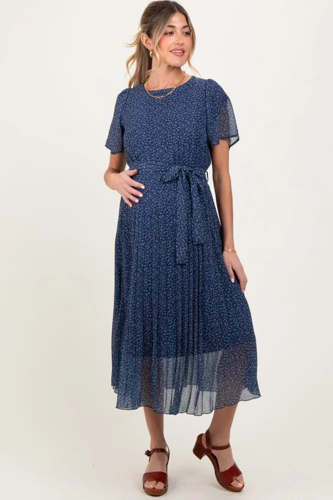 Navy Leaf Print Pleated Maternity Midi Dress sold by Pinkblush product image thumbnail 2