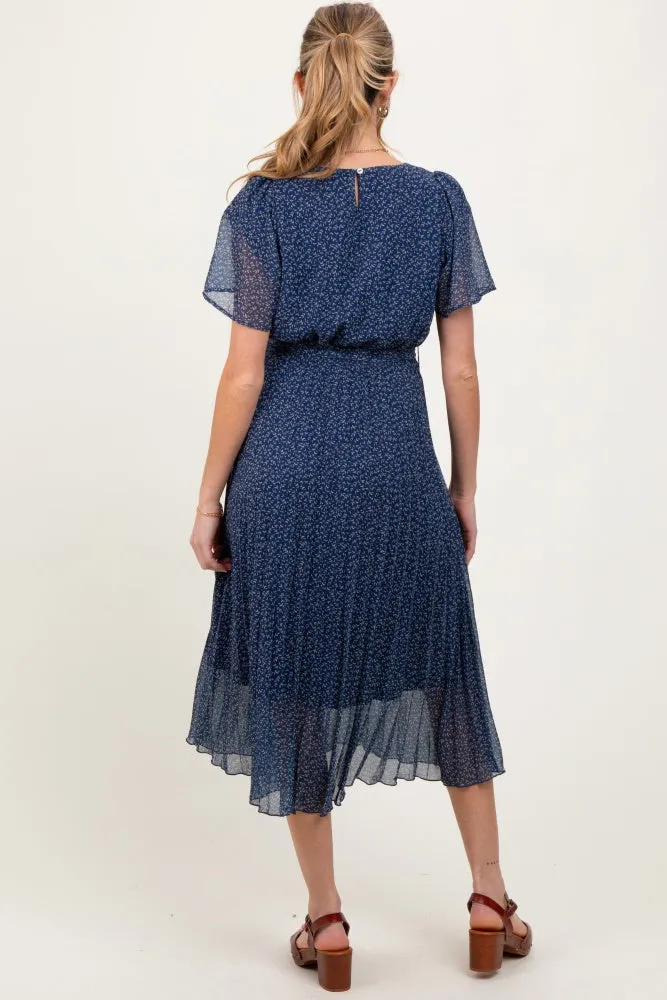 Navy Leaf Print Pleated Maternity Midi Dress sold by Pinkblush product image thumbnail 3