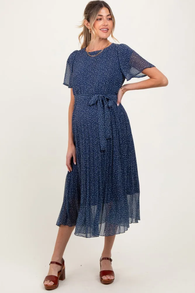 Navy Leaf Print Pleated Maternity Midi Dress sold by Pinkblush