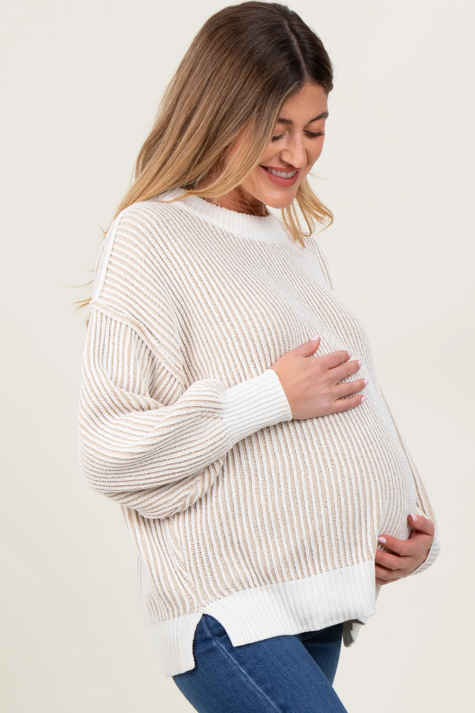 Taupe Ribbed Balloon Sleeve Maternity Sweater sold by Pinkblush product image thumbnail 3